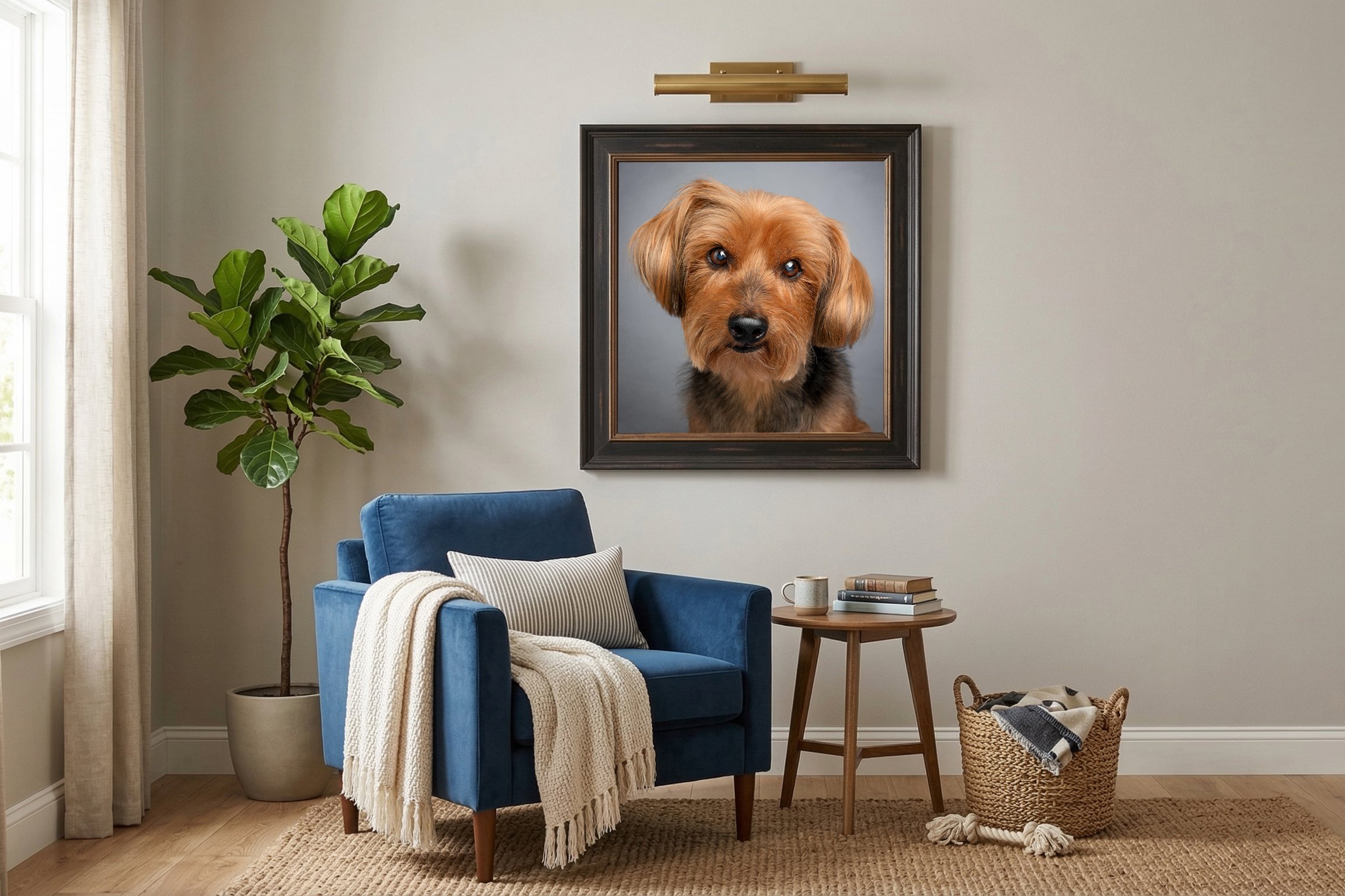 Living room with a large framed portrait of a dog on the wall, a green potted plant, a blue armchair with a beige throw blanket and pillow, a small wooden side table with books and a mug, and a woven basket with throws on a beige rug, near a window with curtains.