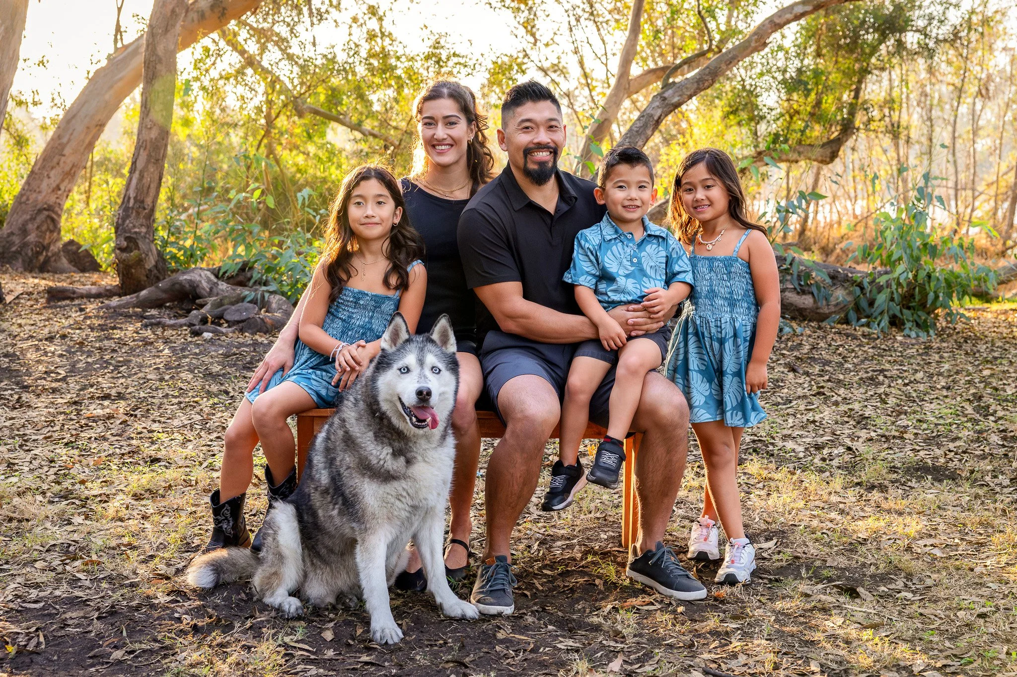 A family of five with three children and a husky dog sitting on a bench in a forest with sunlight filtering through the trees.