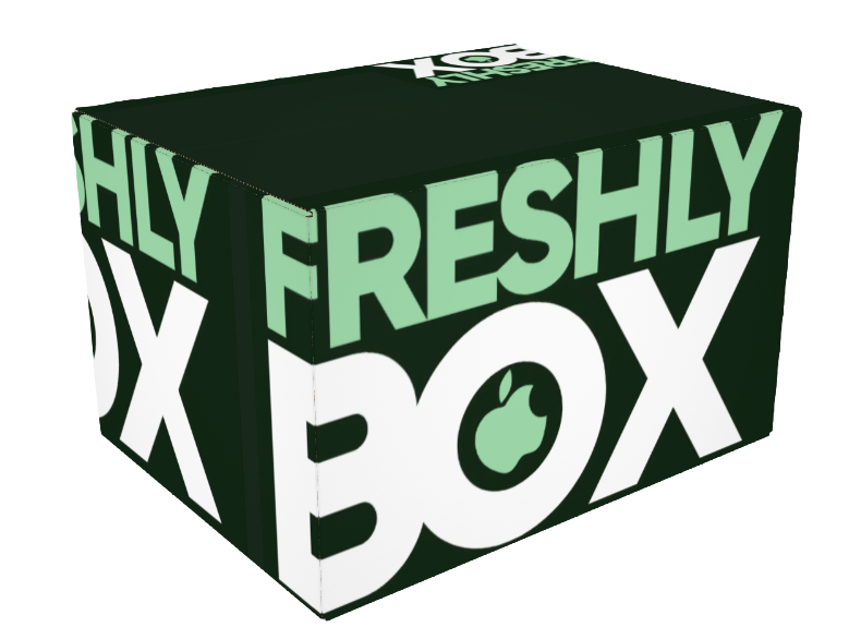 A green and white box labeled 'FRESHLY' and 'BOX' with an apple icon.
