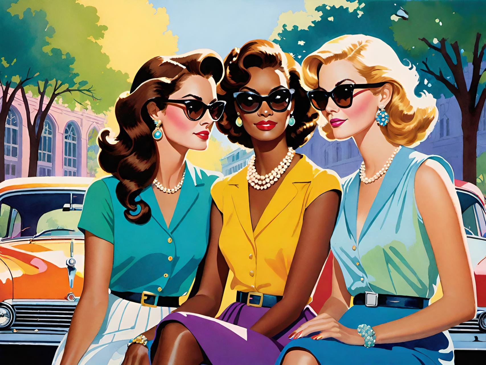 drei junge Damen auf einem Parkplatz