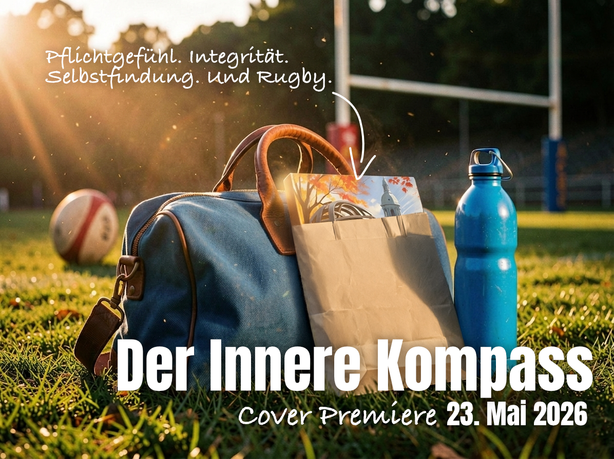 Rugbyplatz im Abendlicht, eine blaue, altmodische Leinensporttasche an der eine Papiertüte mit einem Buch darinnen lehnt, daneben steht eine Wasserflasche.