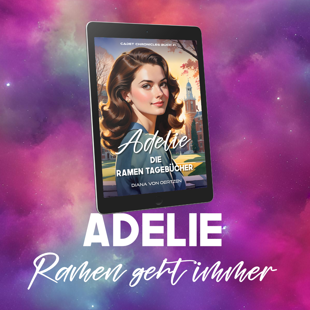 Diana von Oertzen: Cover Adelie – Die Ramen Tagebücher. Rockabilly Space Opera Romance E-Book vor lila Weltraum-Nebel