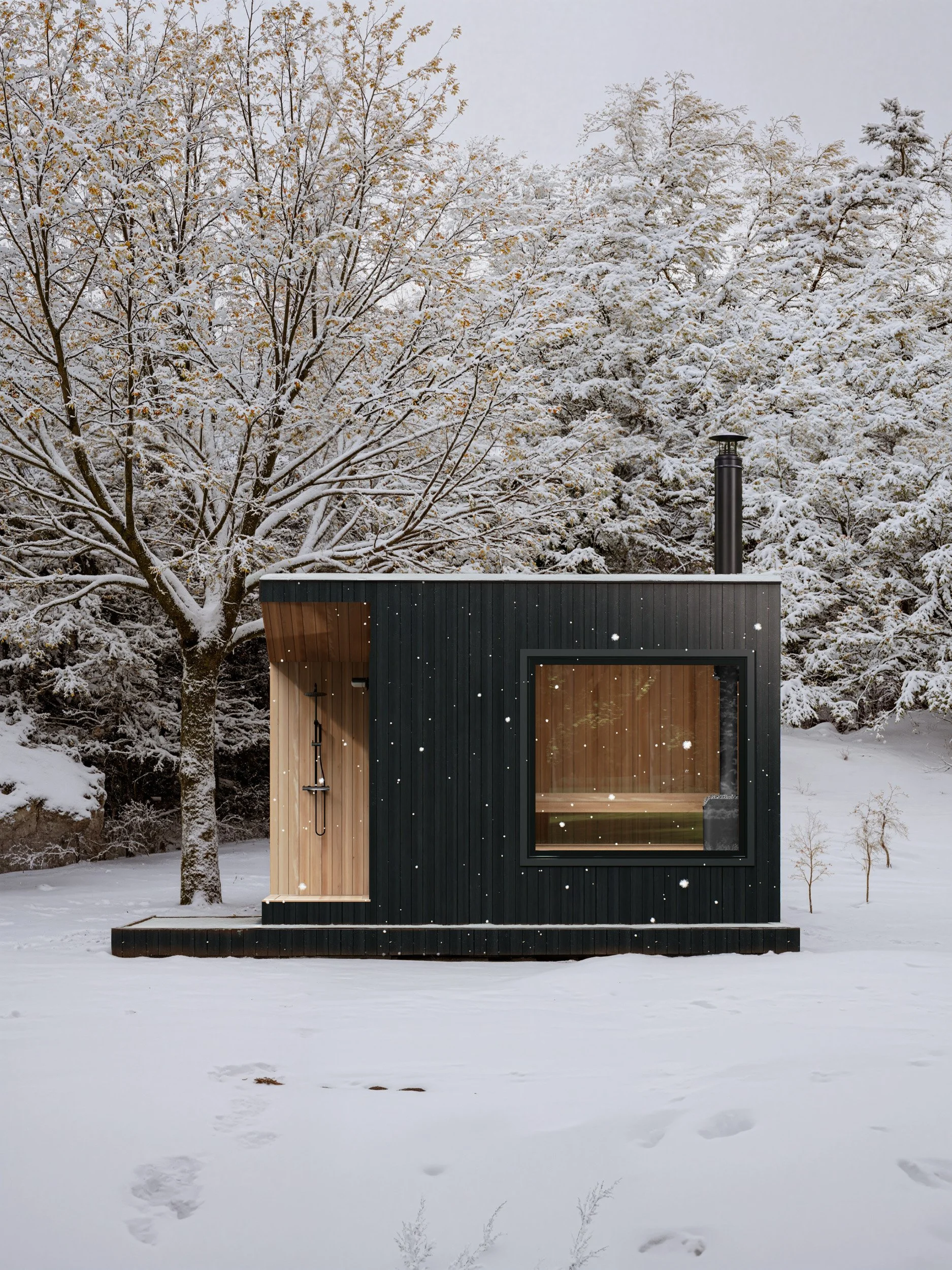 A modern tiny house with black exterior and natural wood accents, situated in a snowy landscape with trees covered in snow.