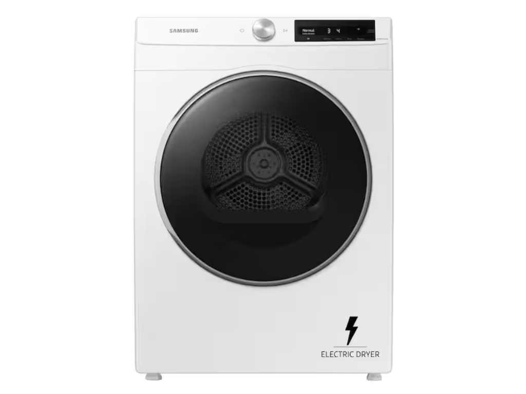 White Samsung electric dryer with a black front-loading door, digital display, and control knob on top panel.