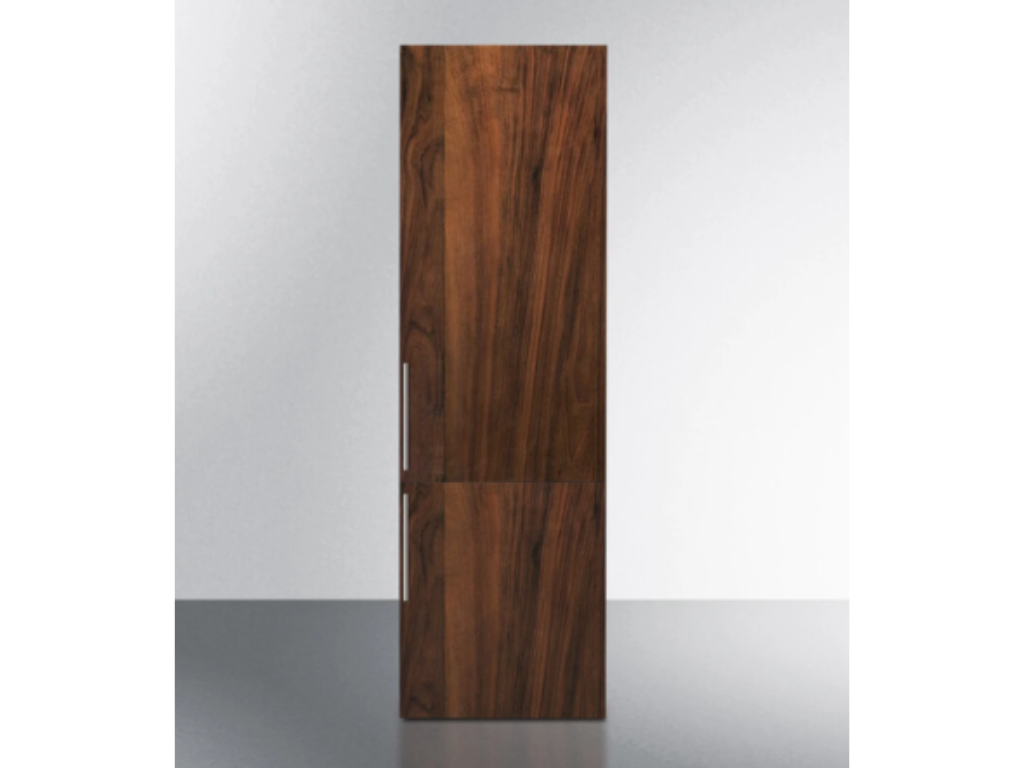 A tall wooden cabinet with two doors and metallic handles, standing against a plain wall.