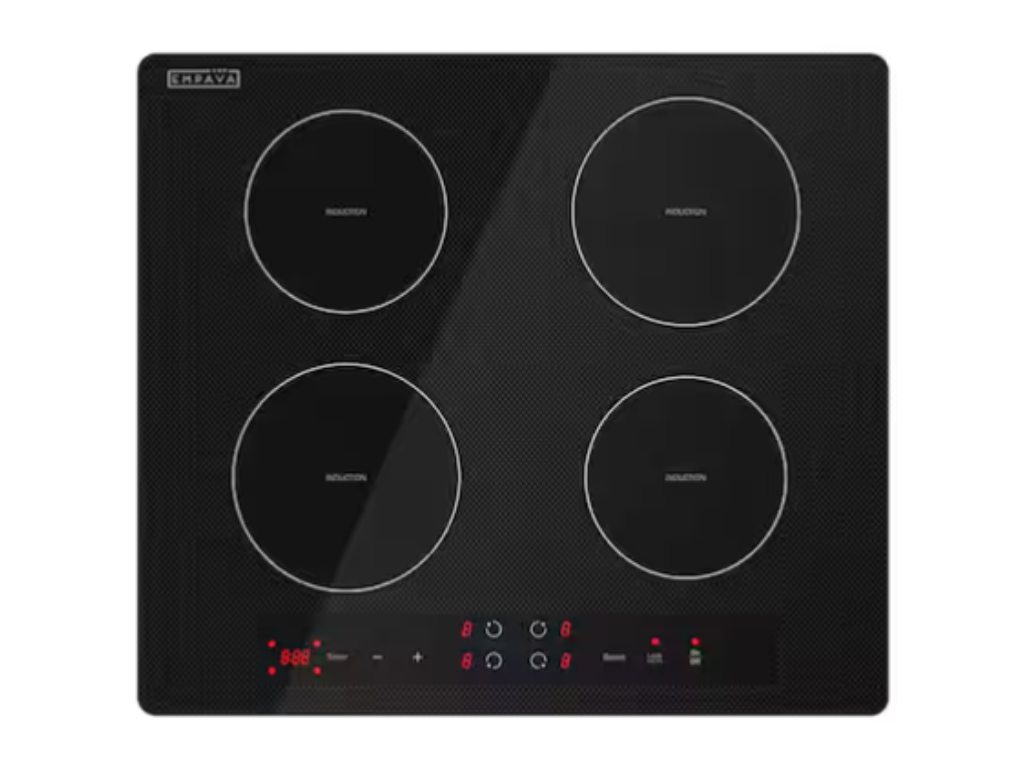 Black glass electric cooktop with four burners and digital control panel.