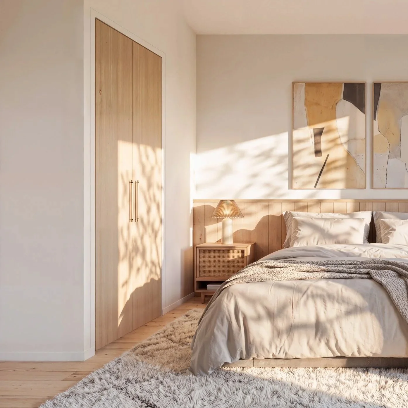 Sunlit bedroom with a bed, nightstand, and abstract artwork on the wall