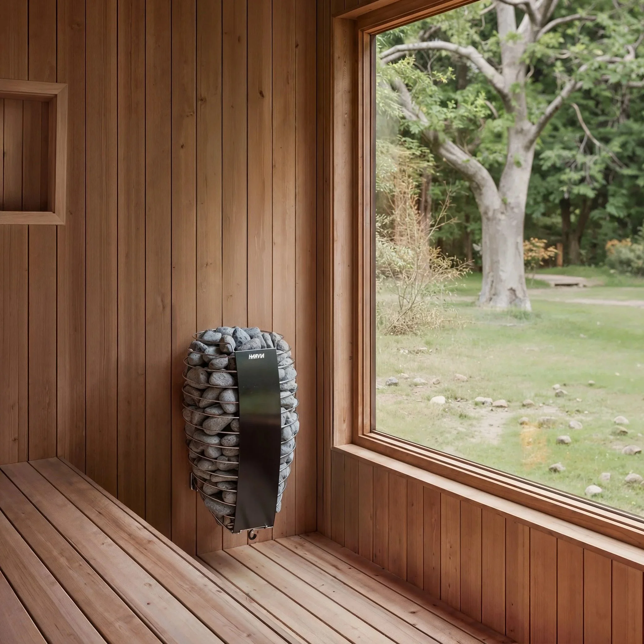 Interior of a wooden sauna with a window overlooking a green outdoor landscape, and a heater with stones inside.
