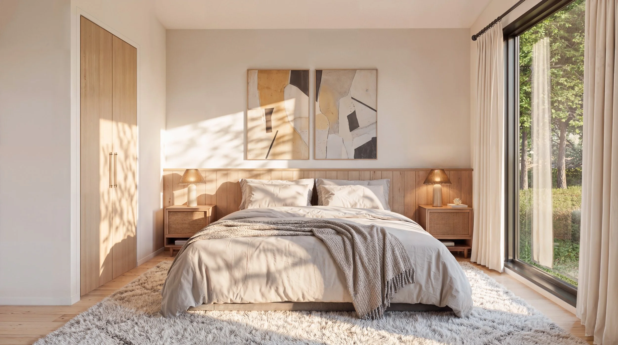 Bright bedroom with a large bed, beige bedding, and decorative pillows, two bedside tables with lamps, a white shaggy rug, wall art above the bed, and sliding glass doors with white curtains showing greenery outside.