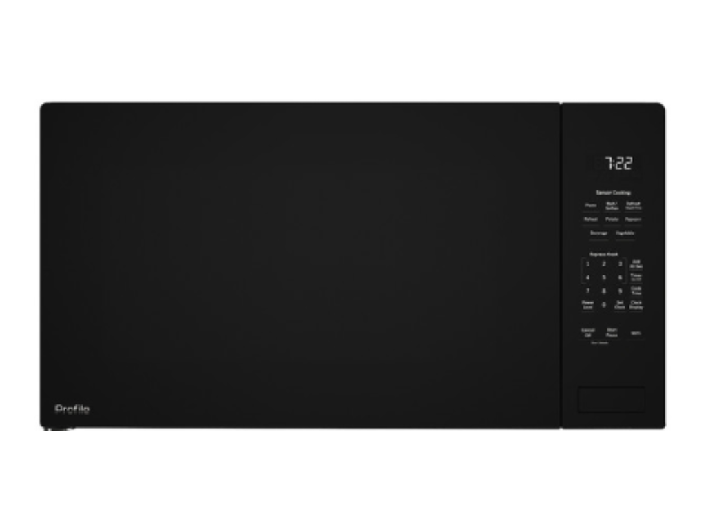 A black microwave oven with a digital display showing 7:22 and control panel on the right side.