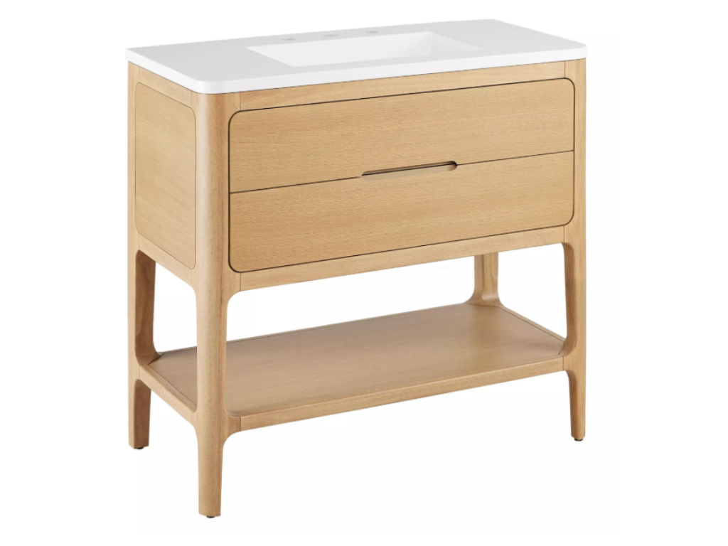 Wooden side table with two drawers and an open lower shelf