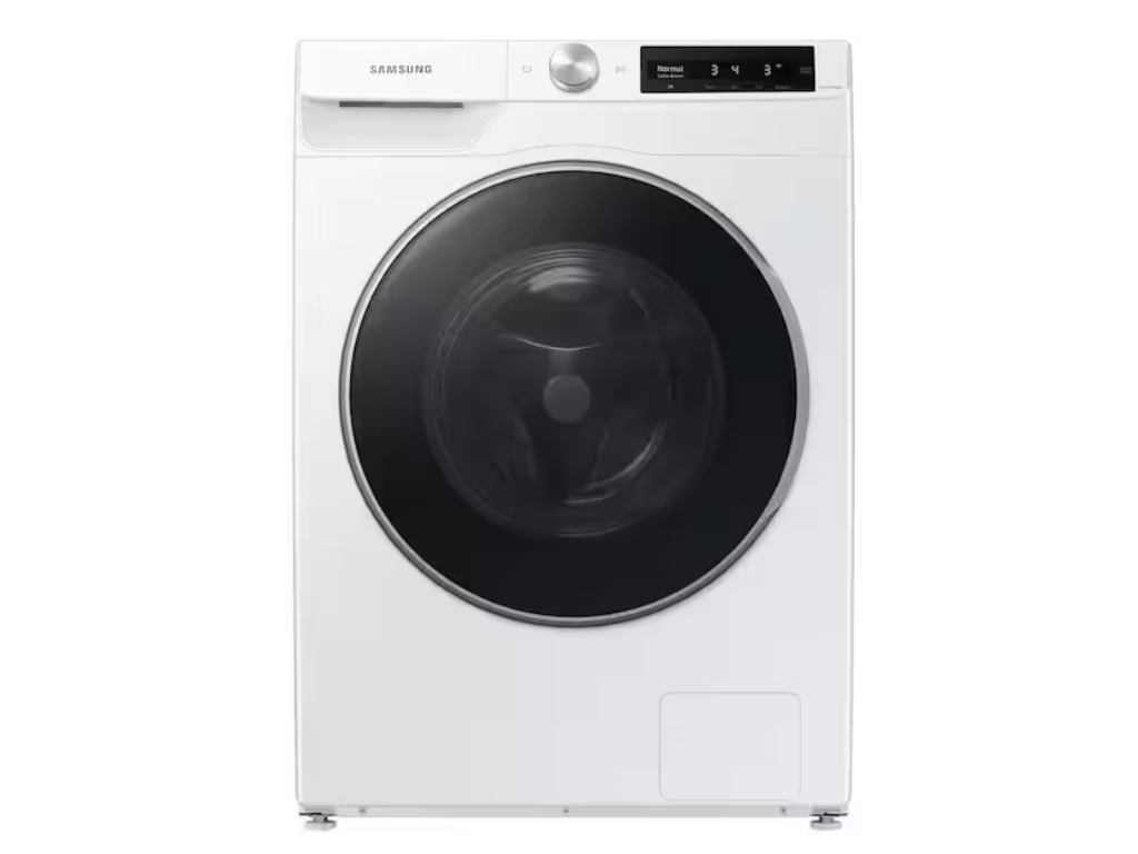 Front view of a white Samsung front-loading washing machine with digital display and control knob