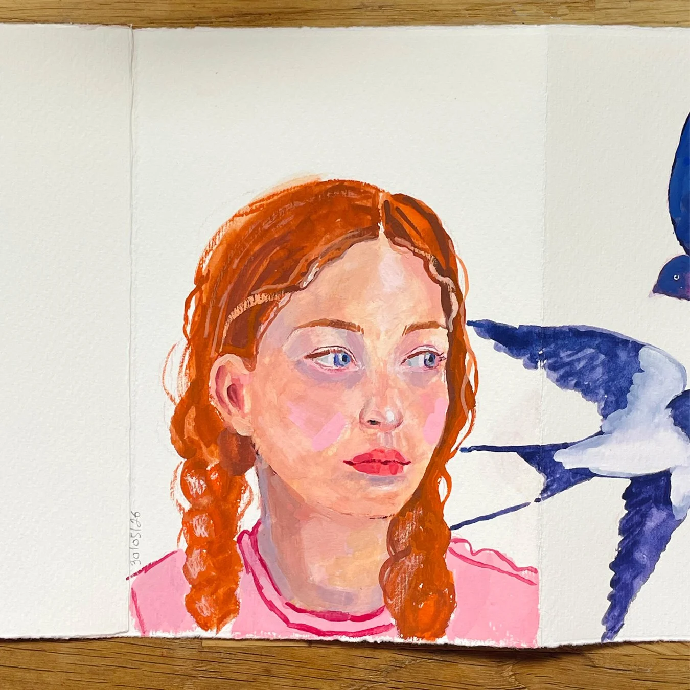 Portrait et hirondelles réalisés à la gouache dans un Leporello.