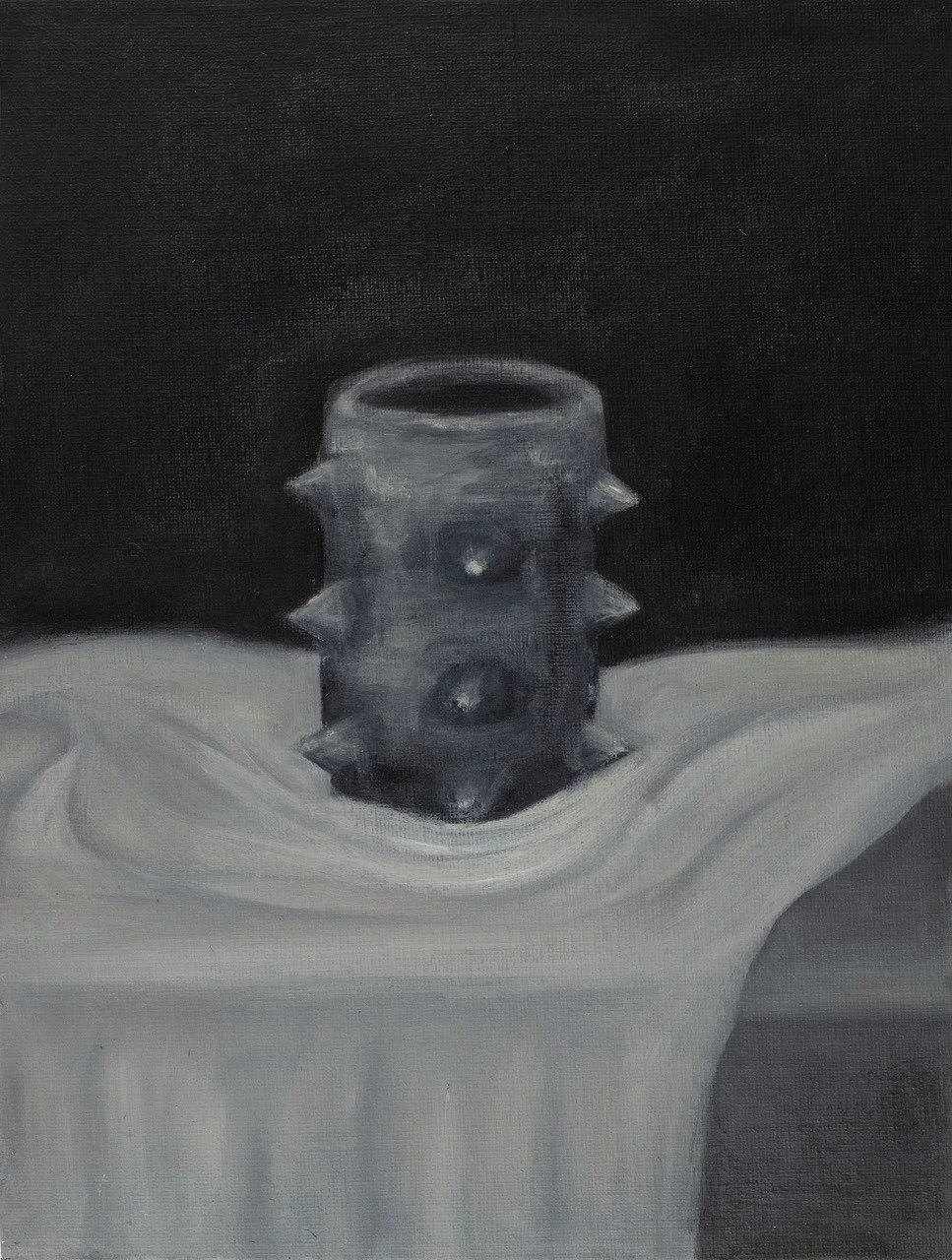 A painting of a gray, spiked, ceramic vase on a draped white cloth against a black background.