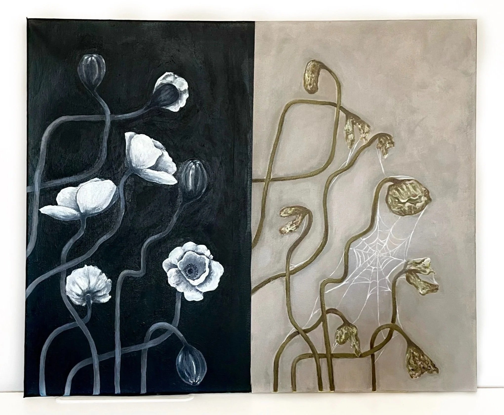 Abstract diptych painting divided vertically into black and gold toned sections, featuring stylized floral and organic motifs.