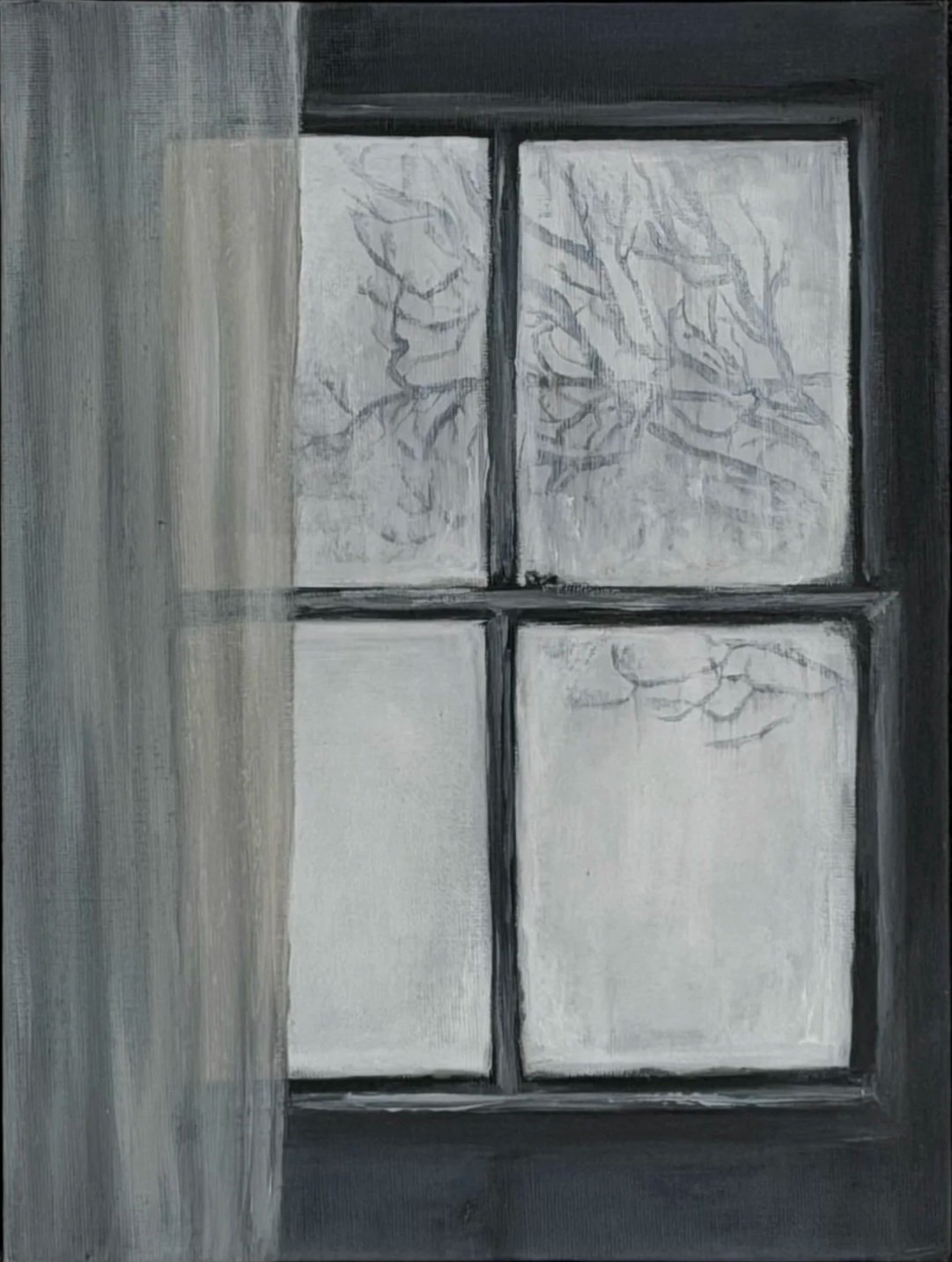 Painting of a window with a curtain on the left side and bare tree branches visible through frosted glass panes.