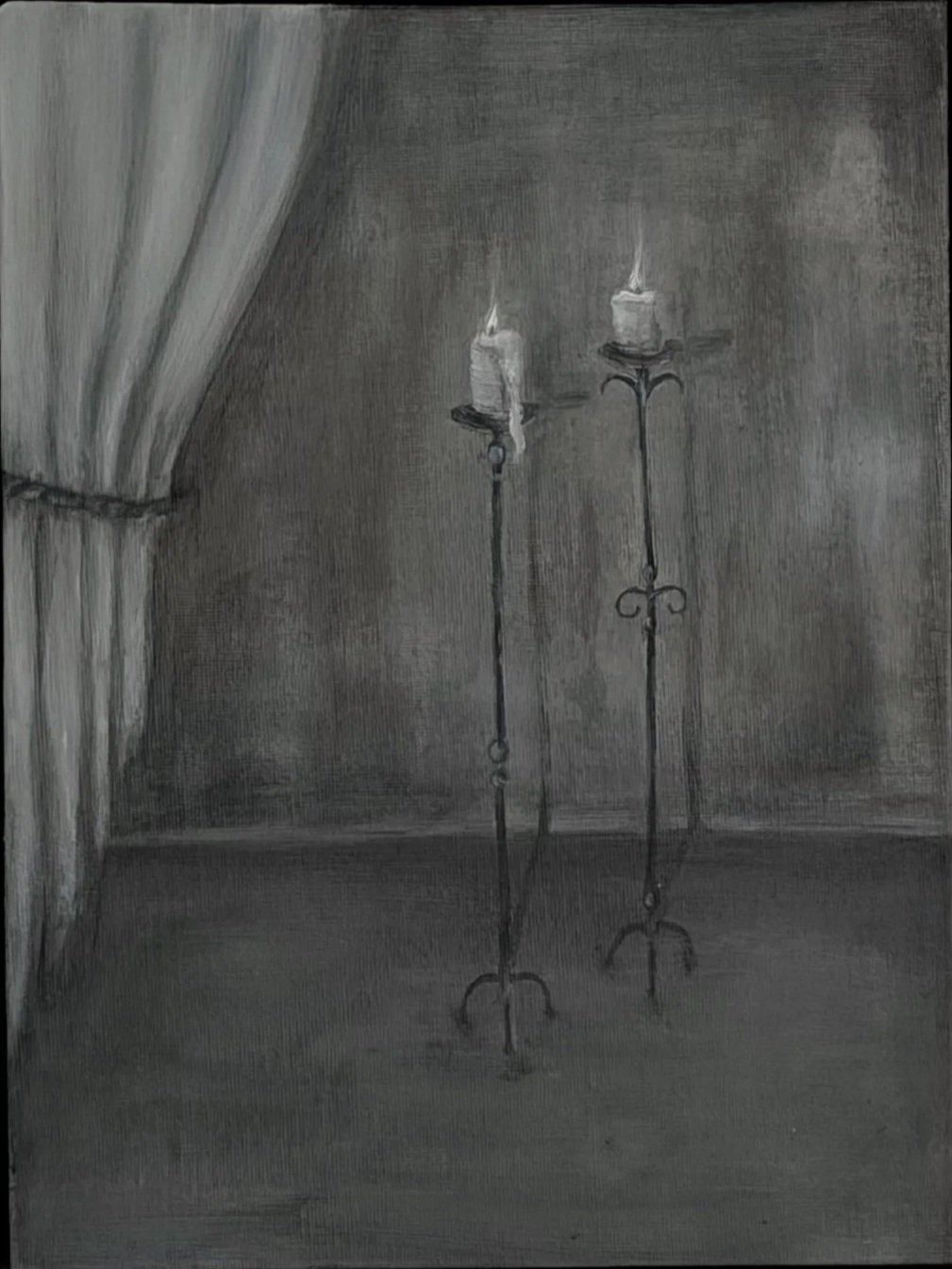 A black-and-white drawing of two tall candle holders with lit candles, situated beside a lightly draped curtain on the left side.