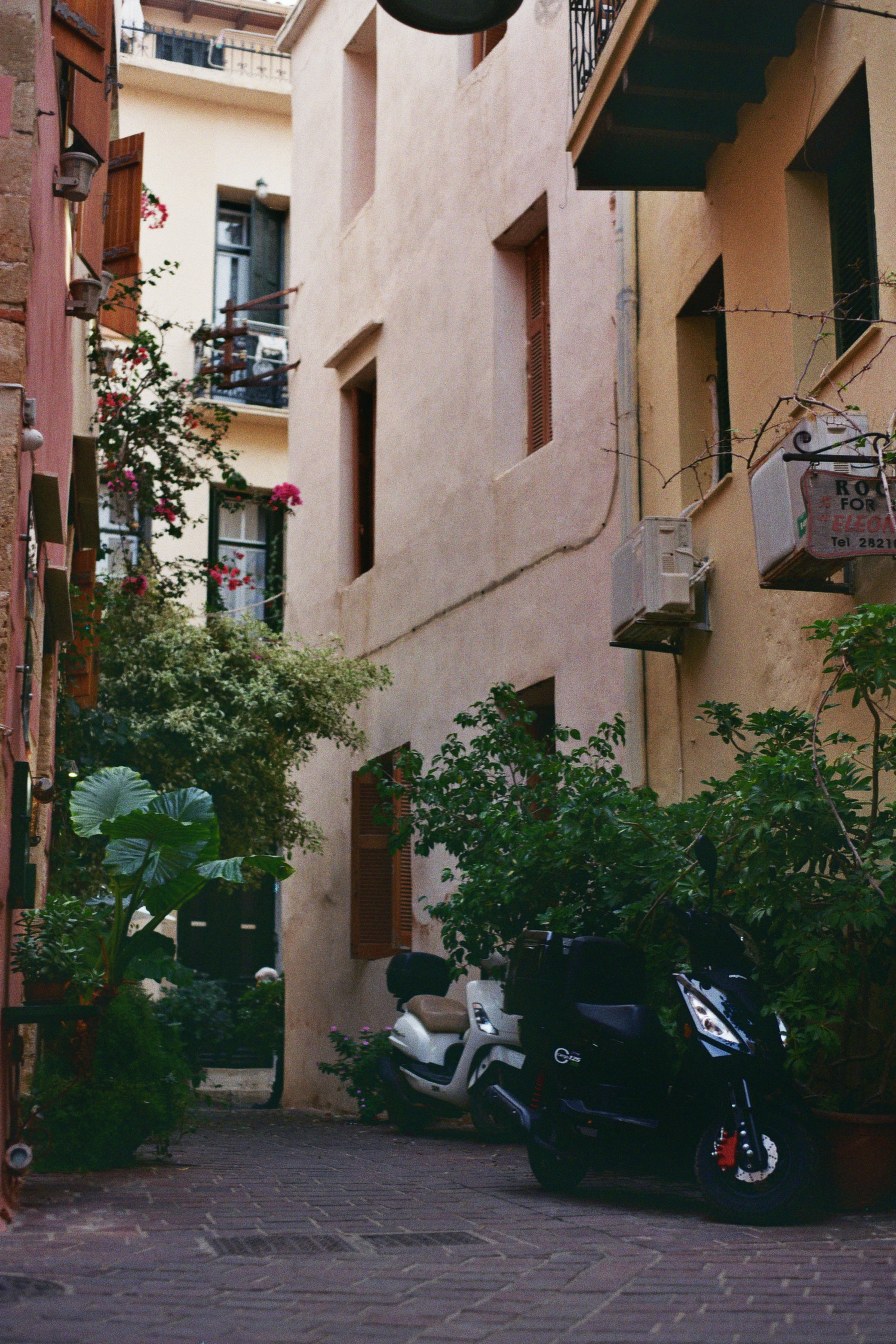 Ein schmaler, ruhiger Innenhof in einer historischen Stadt, mit zwei Motorrollern, umgeben von Pflanzen und alten Gebäuden mit offenen und geschlossenen Fensterläden.