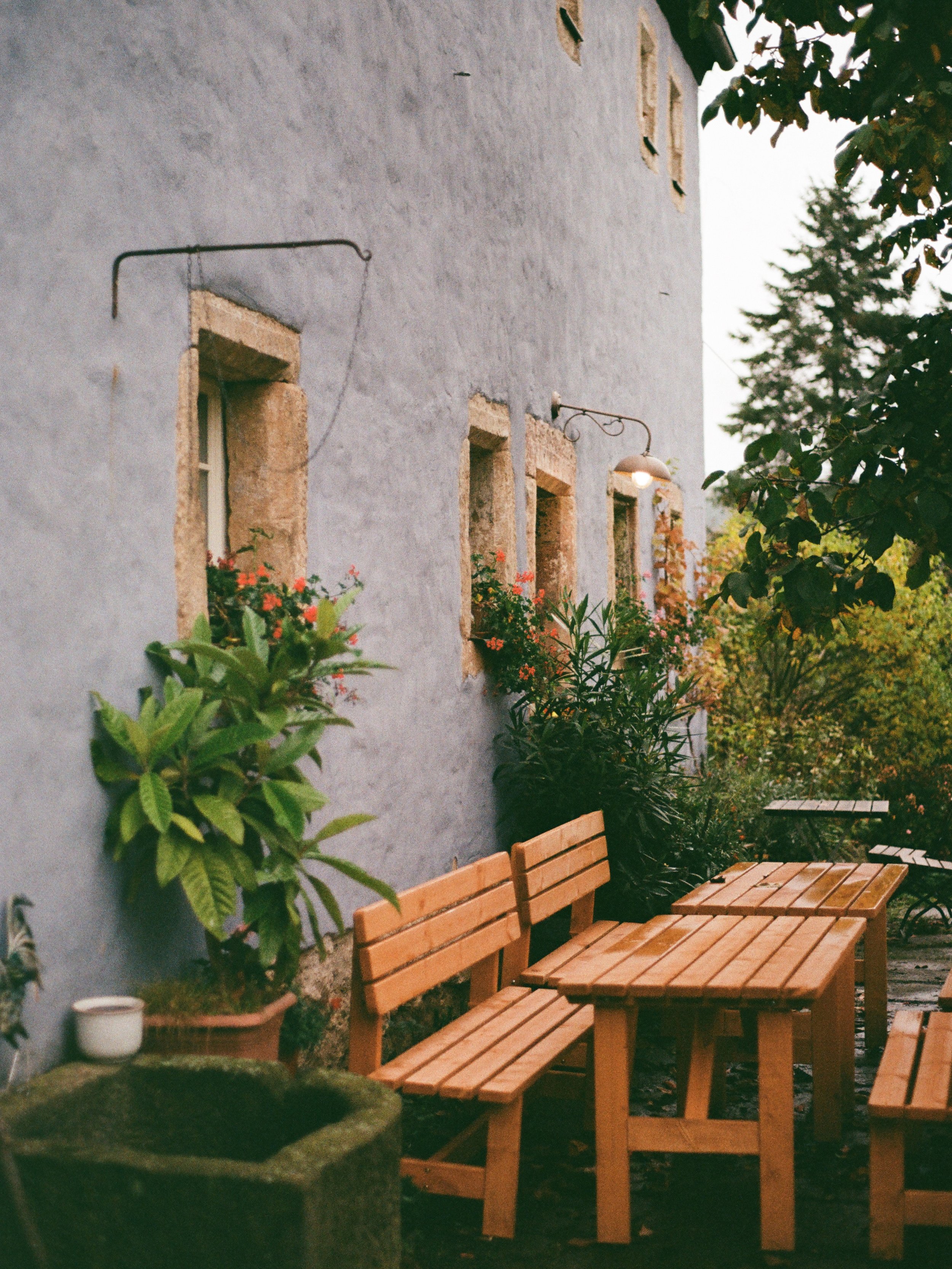 Ein Schauplatz im Freien mit einem blauen Hauswand, Fenster mit Steinrahmen, blühende Pflanzen, und Holztisch mit Bänken, umgeben von Grün.