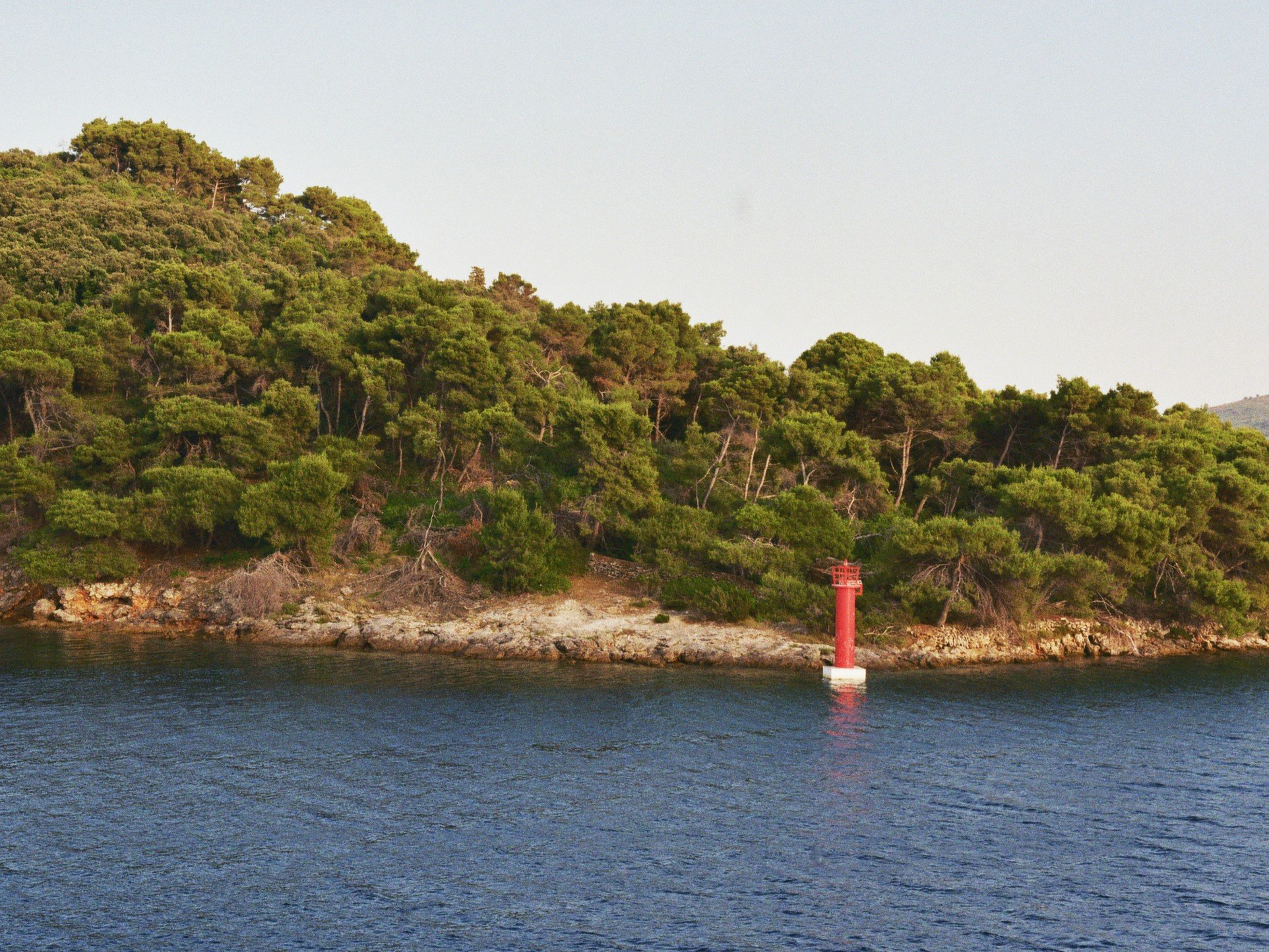 Grüner Hügel mit Bäumen am Ufer des Meeres, roter Leuchtturm am Wasser