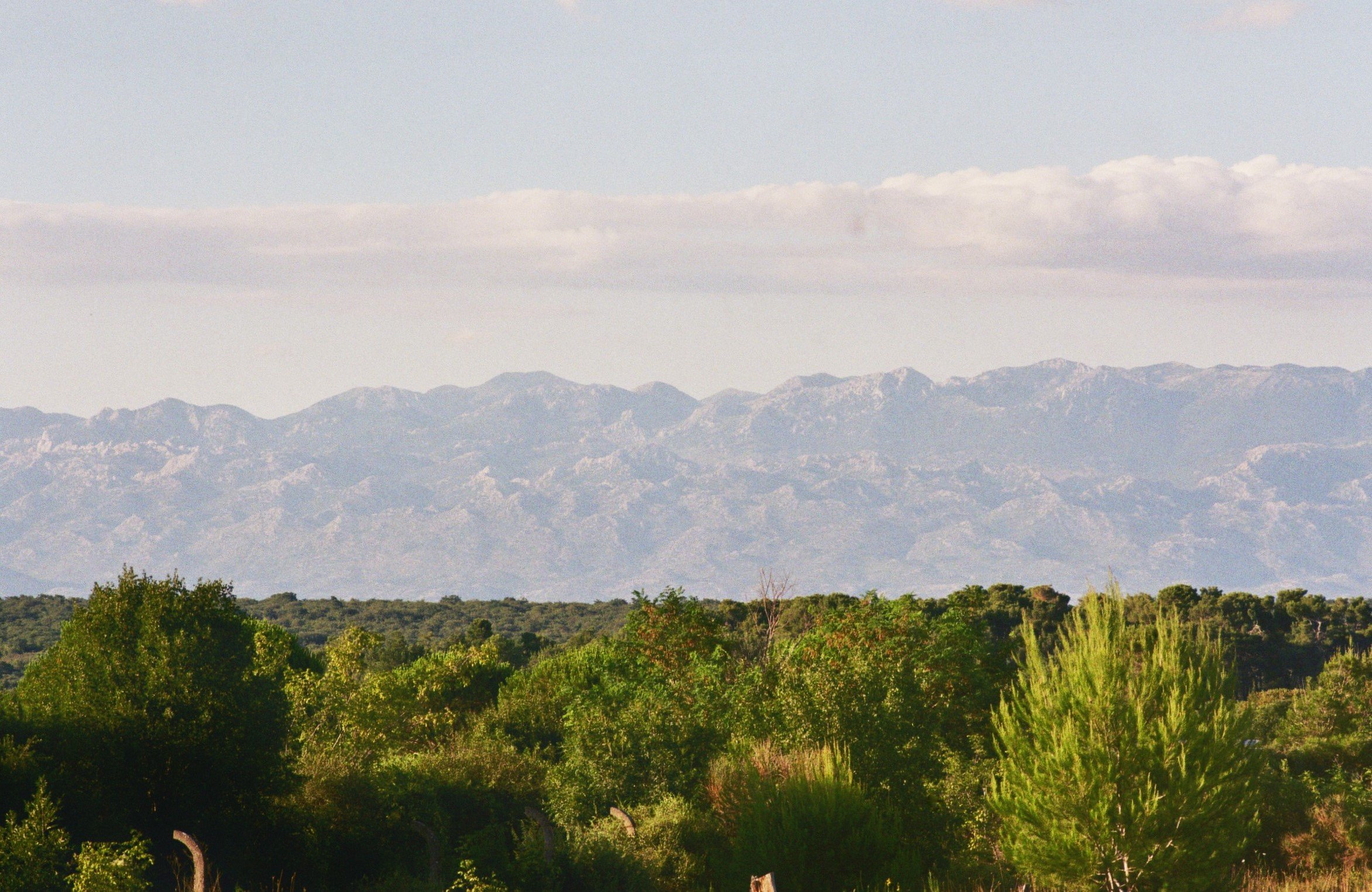 Bergkette im Hintergrund, grüne Bäume und Sträucher im Vordergrund, blauer Himmel mit Wolken.