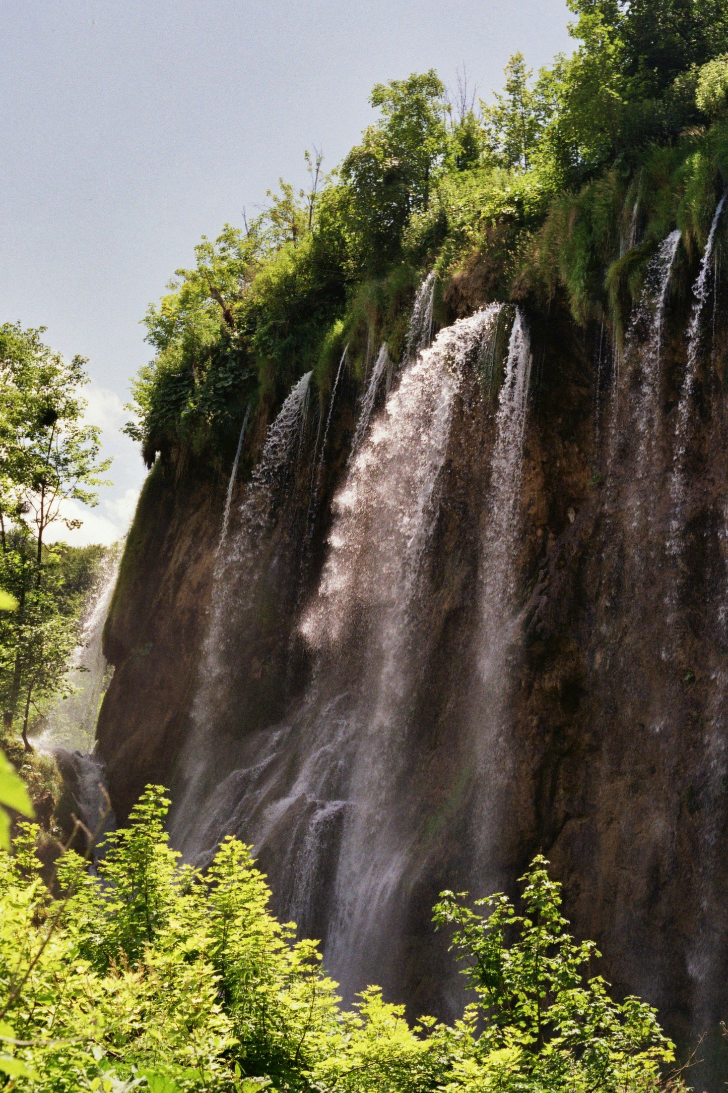 Wasserfälle fließen an einer felsigen, bewaldeten Steilwand ab, umgeben von grünen Bäumen und Pflanzen bei Sonnenlicht.