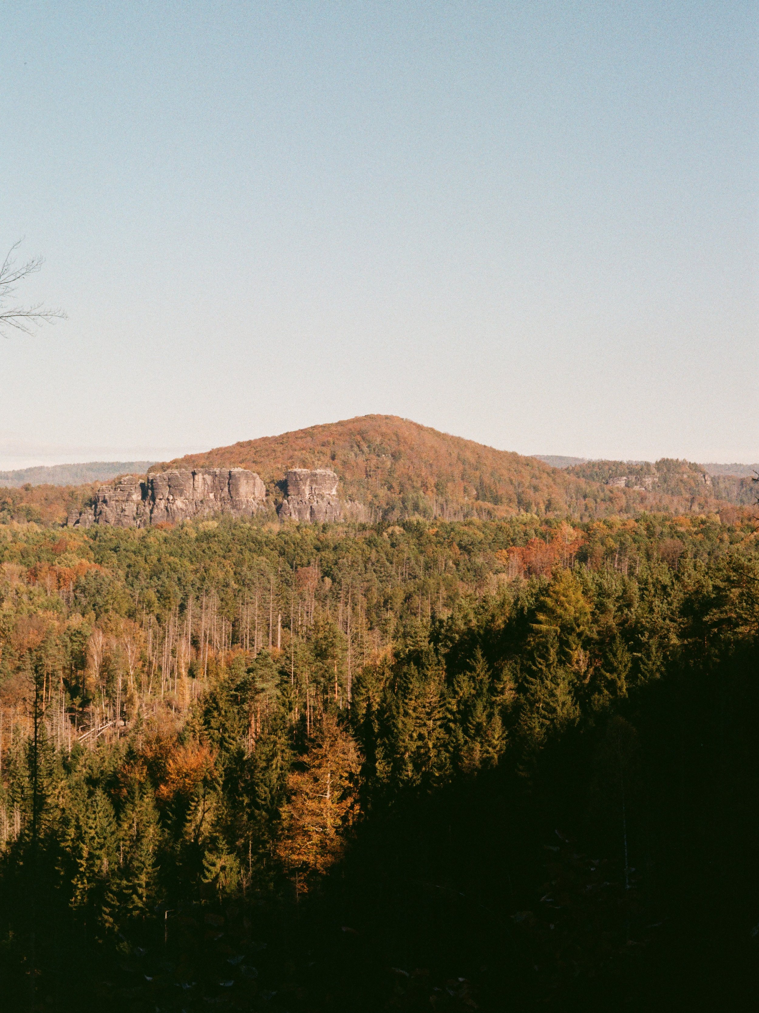 Hügel mit Felsen und dichtem Wald im Herbst, blauer Himmel.