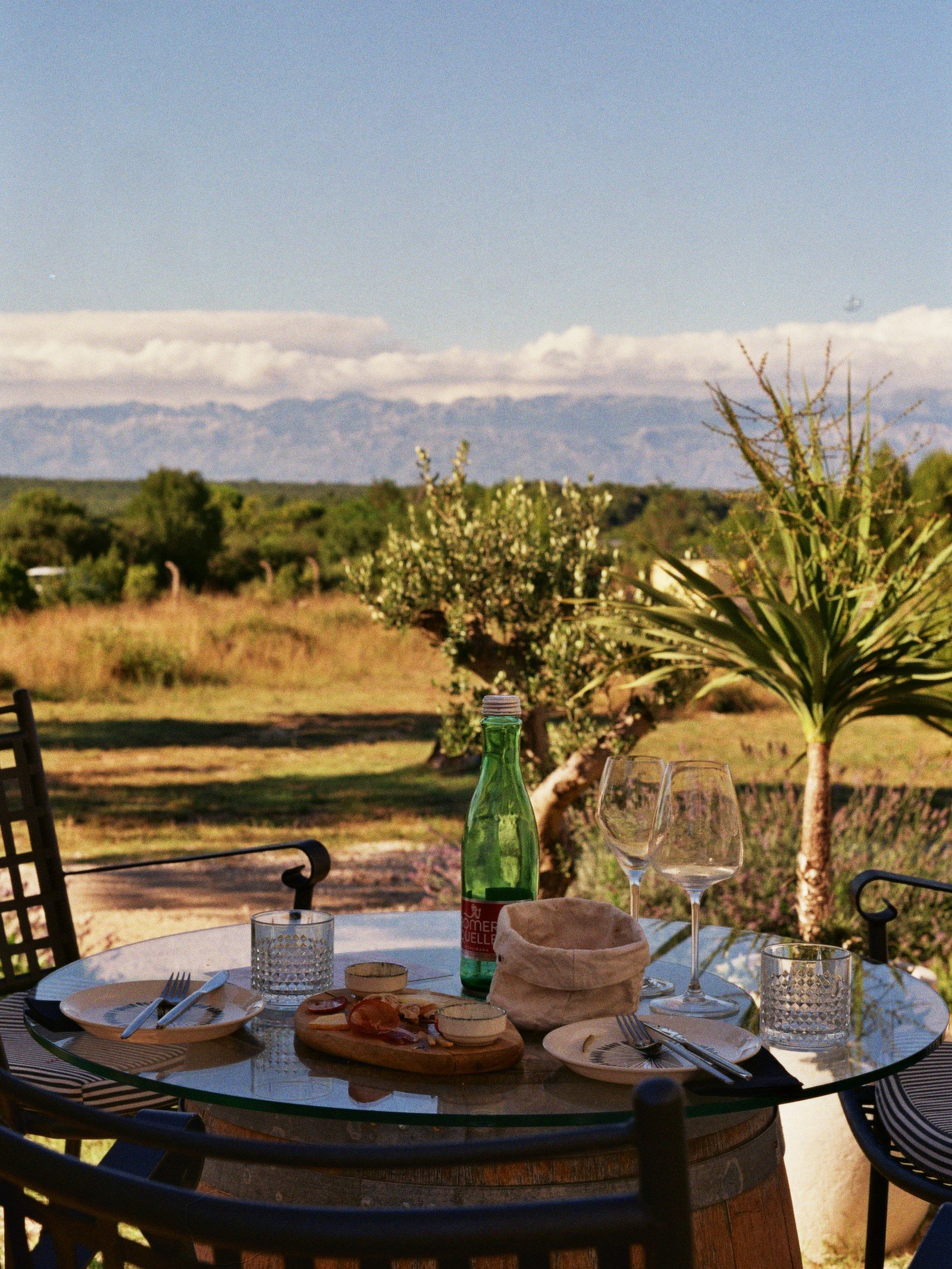 Ein gedeckter Tisch im Freien mit Wein- und Wasser glasses, einer Wasserflasche, Käse, Wurst, Oliven und Salat, mit Blick auf einen Garten und Berge im Hintergrund.