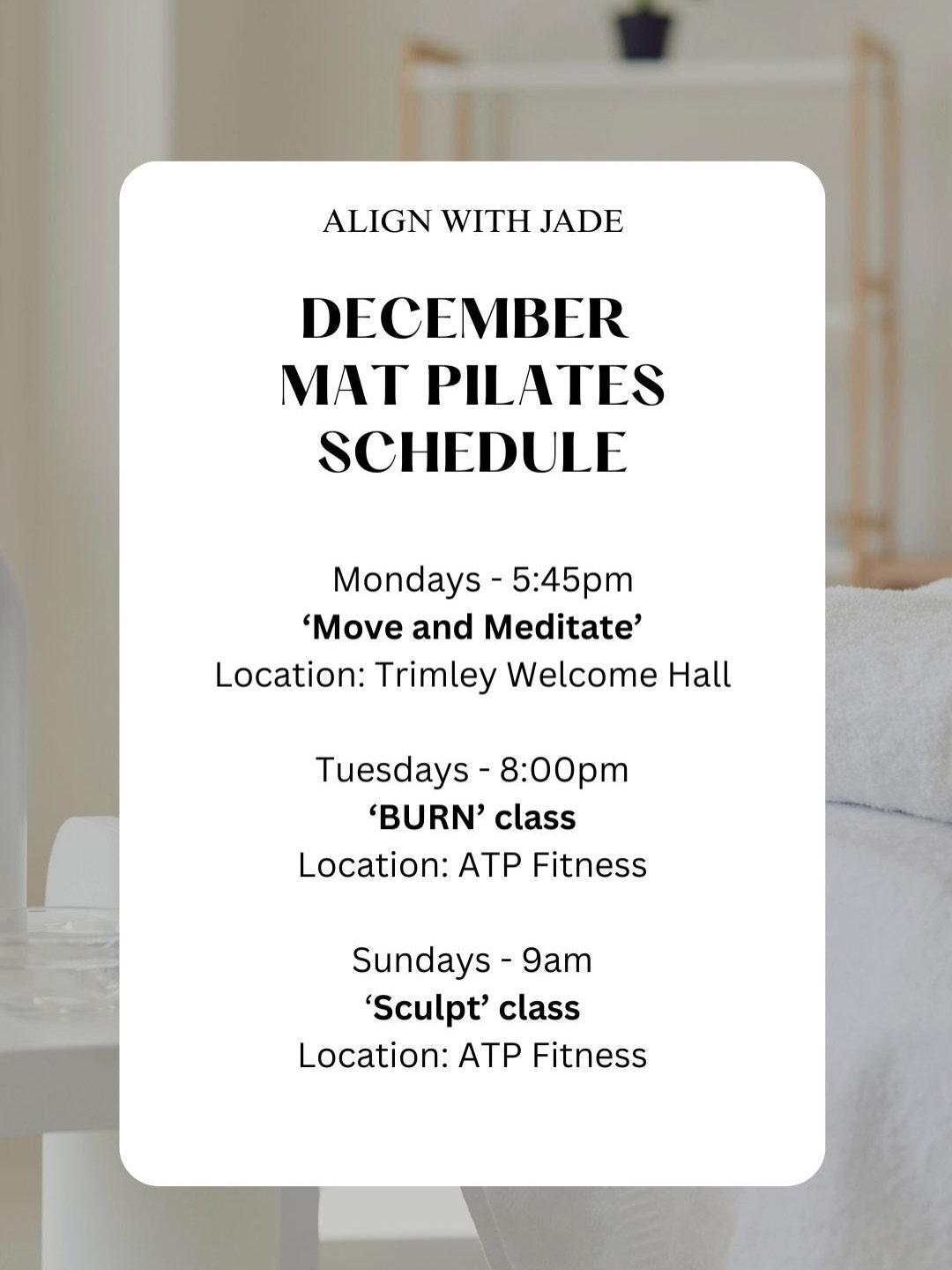 FELIXSTOWE MAT CLASSES 🤍✨ 

Hello gorgeous humans 
December schedule is now live with Mat classes running every week of December at @atpfitnessfelixstowe and Trimley Welcome Hall.

As lots of you will know, my drive is alwayyyyys community and conne