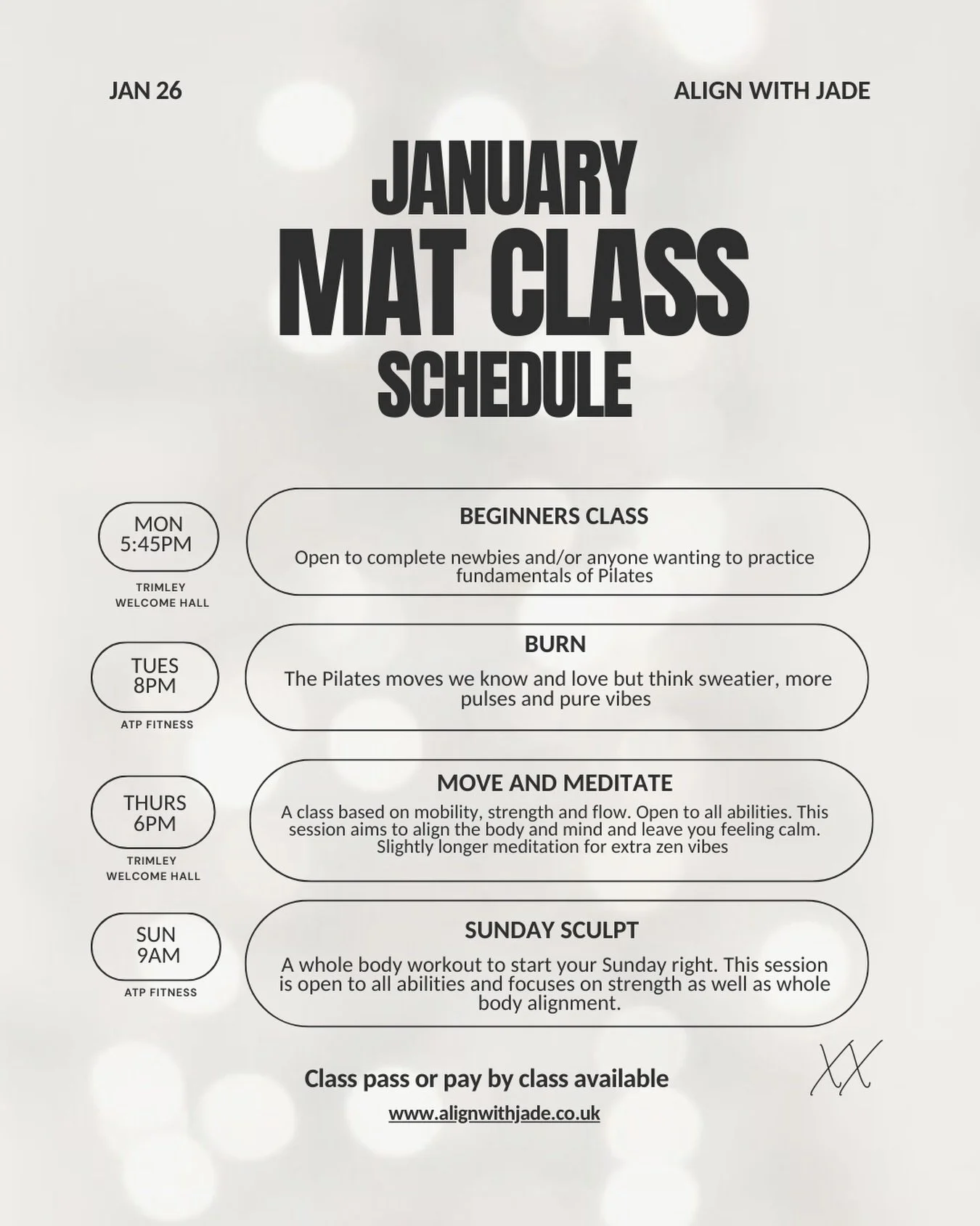 JANUARY CLASS SCHEDULE IS NOW LIVE✨ 

NEW beginners class is starting on Monday 5th Jan at 5:45pm - for those who have thought about trying Pilates but have never tried before or who haven&rsquo;t practiced in a while or even those who want to strip 