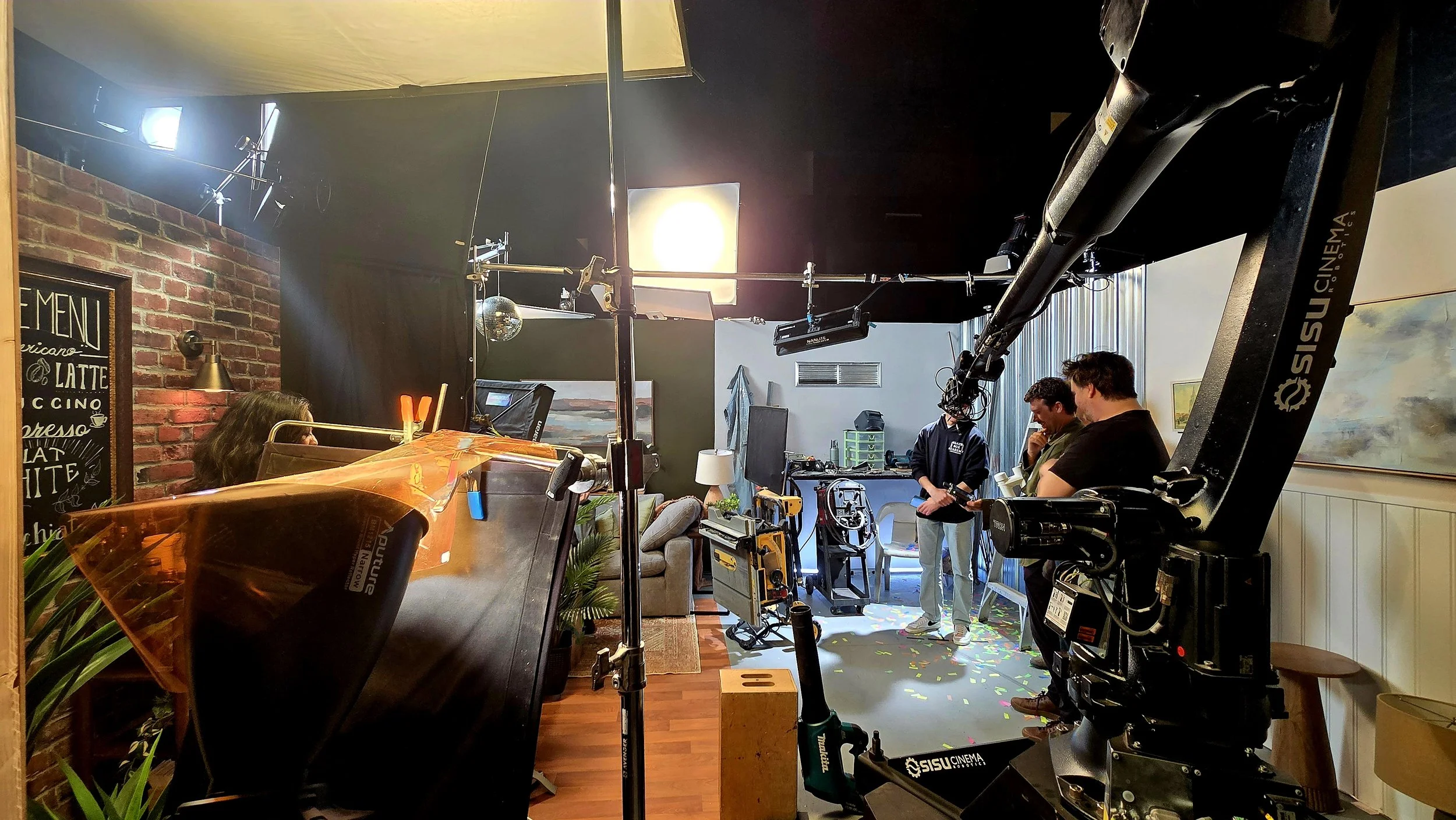 Aputure Xt52. 12X Hi-lite diffusion, 4X 216 frame. Solid, Boom arm, Combo stand, Mombo Combo, C stand, Panel lite, Nanlite 306C, Nanlite 240CL, Nanlite 60CL, Brute, Honda 7000i ES generator, Honda 2200i generator, Ecoflow, Aputure 600X, Aputure 300D,