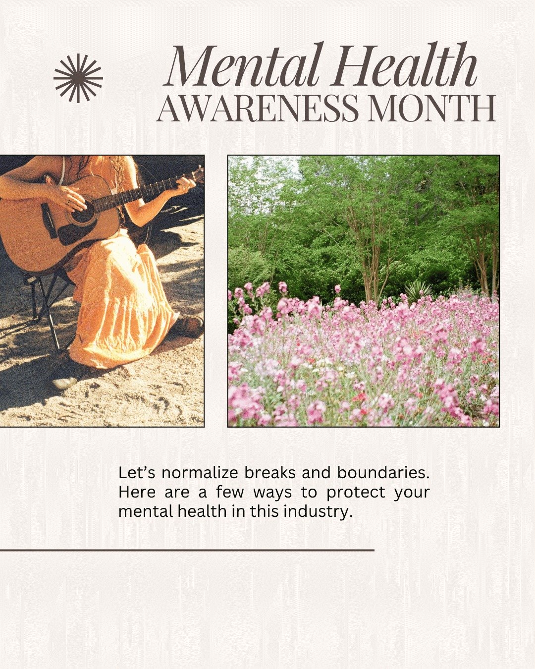 This space moves fast. It's easy to feel like you have to constantly create, share, perform, and share the details of your life. This month is a reminder to pause, set boundaries, and protect the thing that makes your work great!