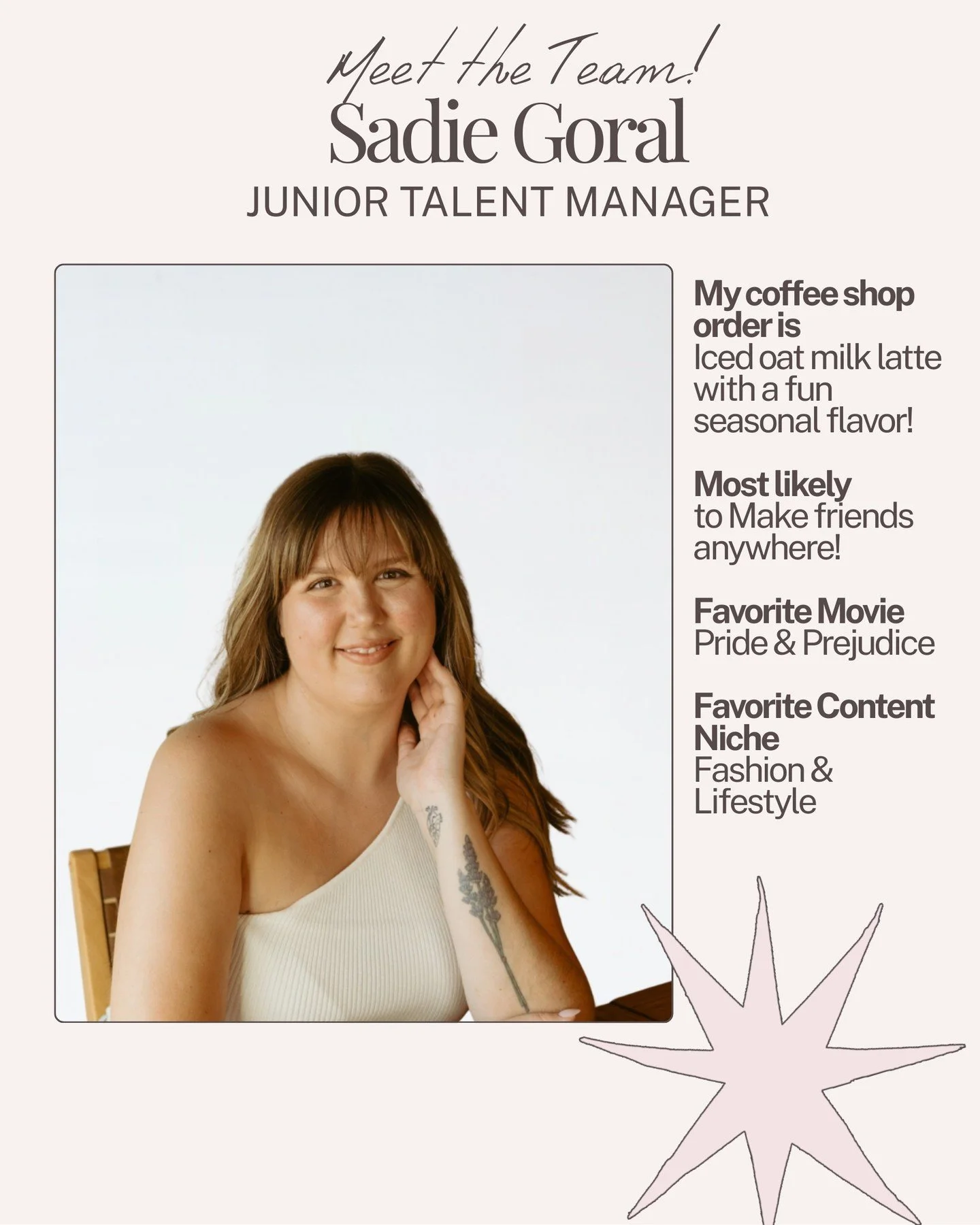 Welcoming our newest Junior Talent Manager, Sadie Goral! We&rsquo;re looking forward to the energy, creativity, and relationship-building she&rsquo;ll bring as she supports our talent and brand collaborations! 💚