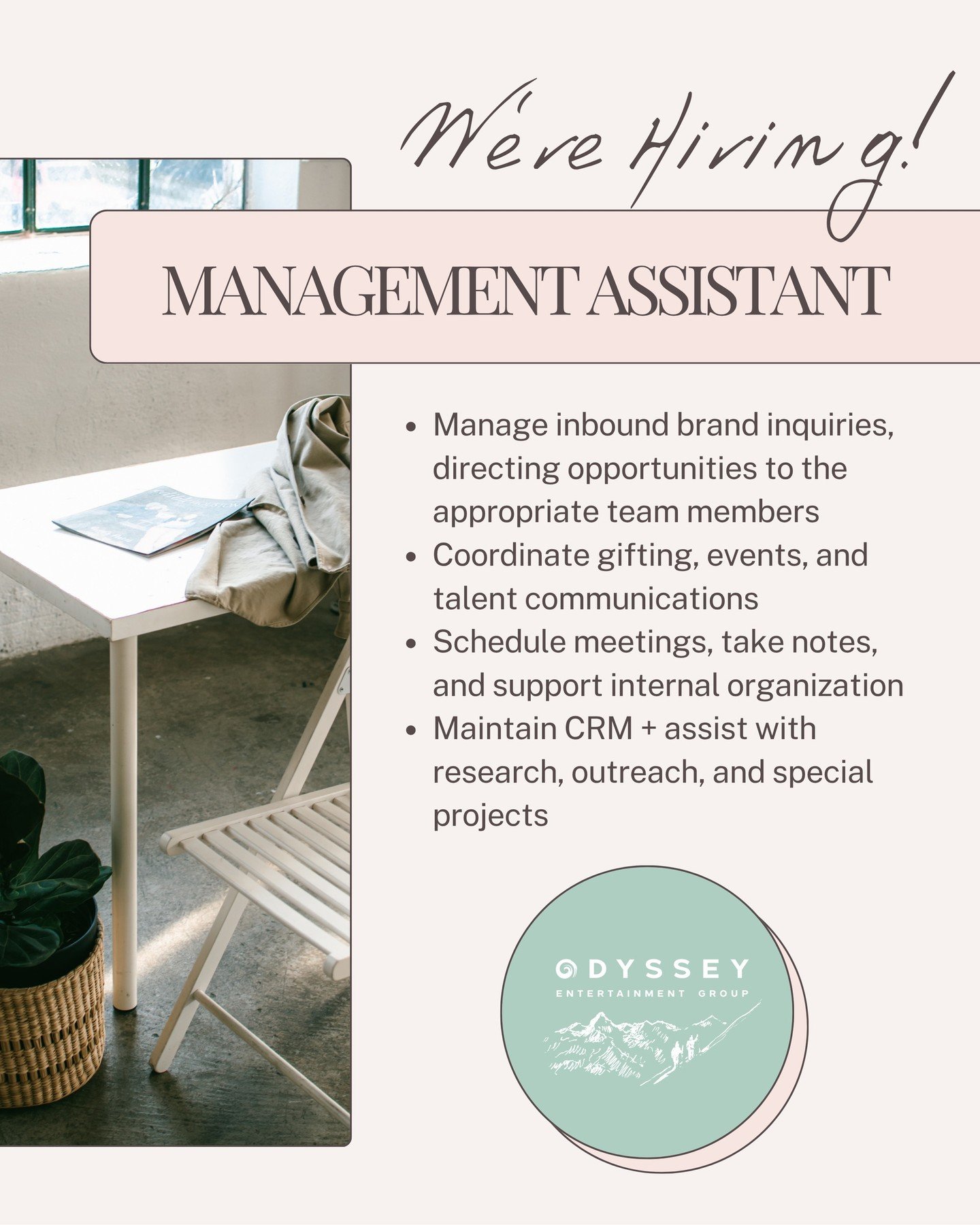 We&rsquo;re hiring a Management Assistant at Odyssey!

This role is all about keeping things moving from managing inbound opportunities to supporting our team across talent, brand partnerships, and day-to-day operations.

If you&rsquo;re highly organ