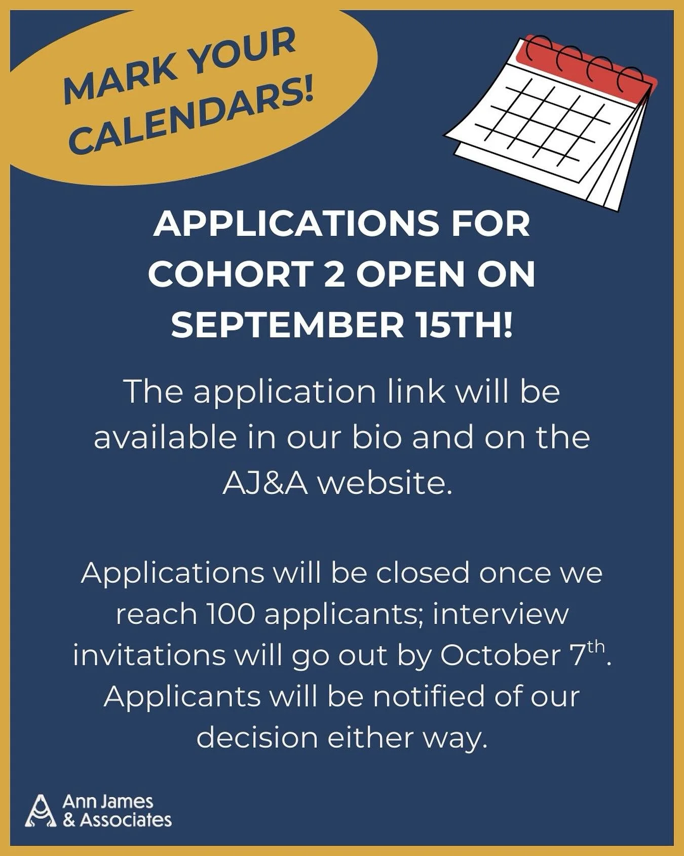 🗓️ Mark your calendars! Applications open on Monday! Check out our previous post for FAQs, and if you have any additional questions please dm us or reach out to us at info@annjamesandassociates.com