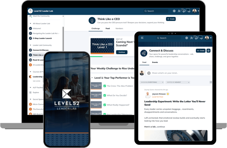 Peer learning community platform shown on laptop, tablet, and phone, enabling leaders to connect, grow, and collaborate.