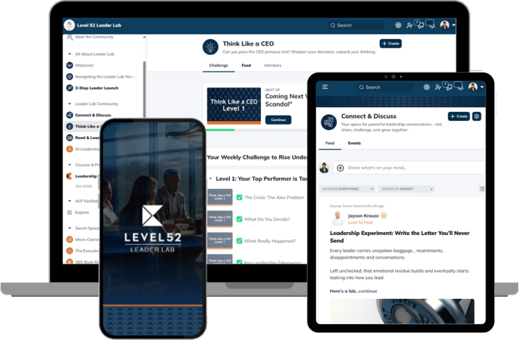 Peer learning community platform shown on laptop, tablet, and phone, enabling leaders to connect, grow, and collaborate.