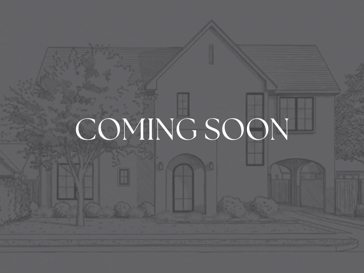 Architectural blueprint of a house with trees and landscaping, overlaid with the text 'Coming Soon'.