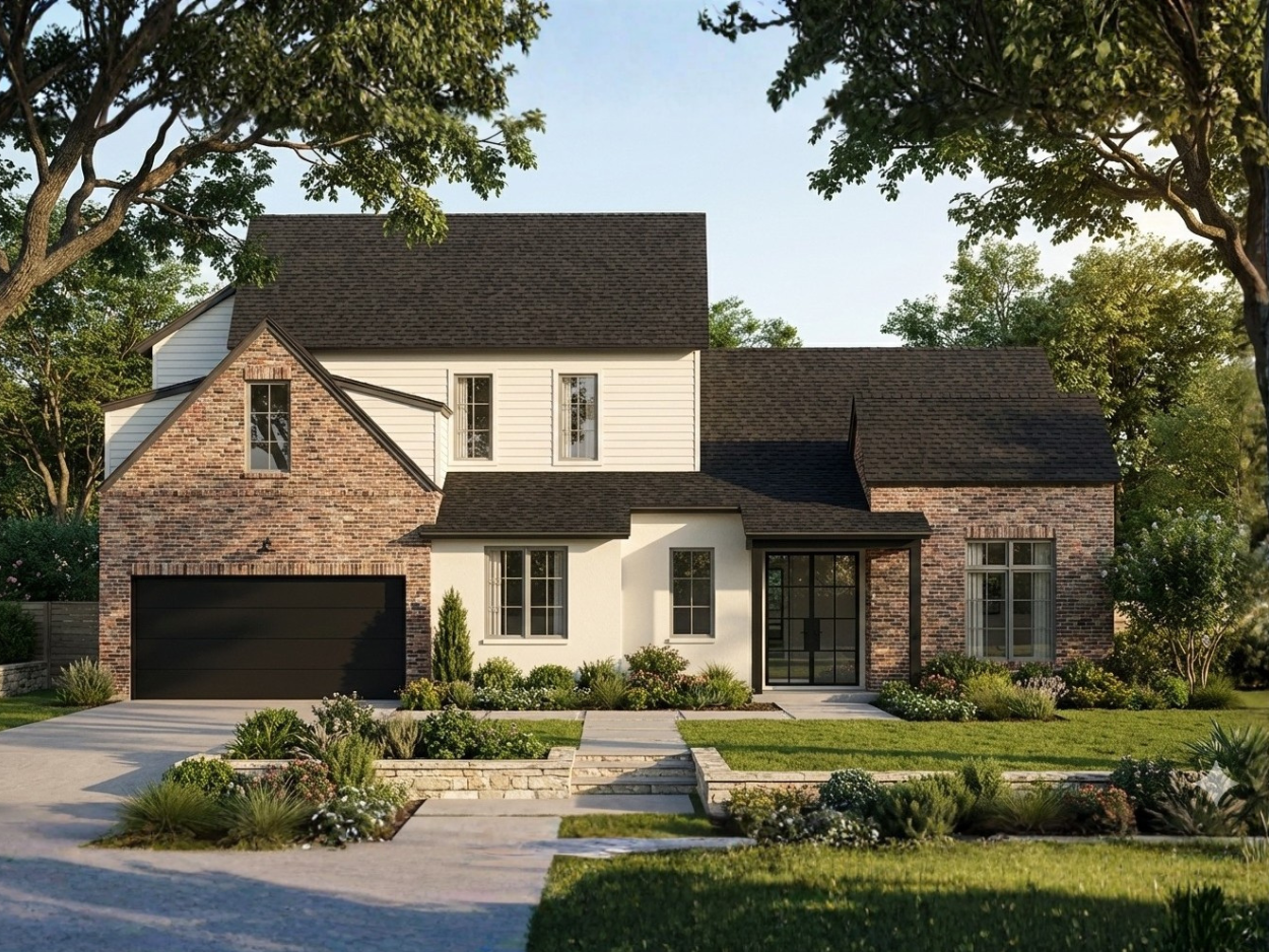Modern two-story house with a brick and white facade, black garage door, and large windows, surrounded by landscaped garden with trees and greenery.