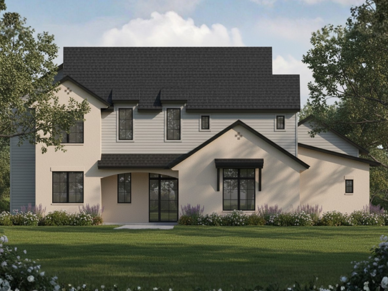 Front view of a modern two-story house with a gray roof, white exterior walls, large windows, a centered front door, and surrounding greenery including trees and flowering bushes.
