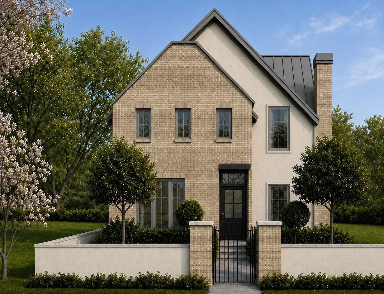 Modern two-story house with brick and white exterior, black front door, surrounded by green trees and bushes, with a white fence and black gate.