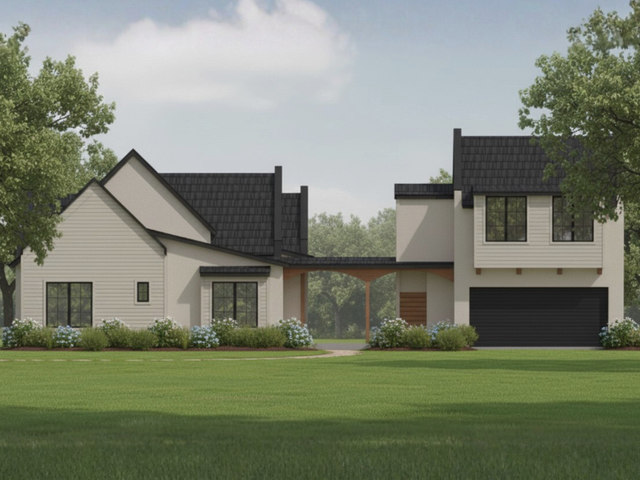 A modern two-story house with white siding and black roofing, featuring large windows, a garage, and surrounded by a green lawn and trees.