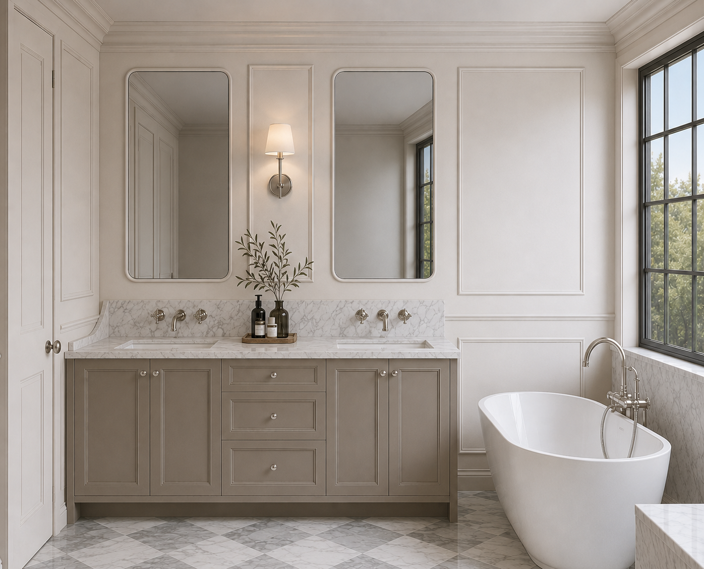 Modern bathroom with a double vanity featuring a marble countertop, two mirrors, a wall sconce, a decorative plant with bottles, a bathtub next to a large window, and elegant paneling on the walls.