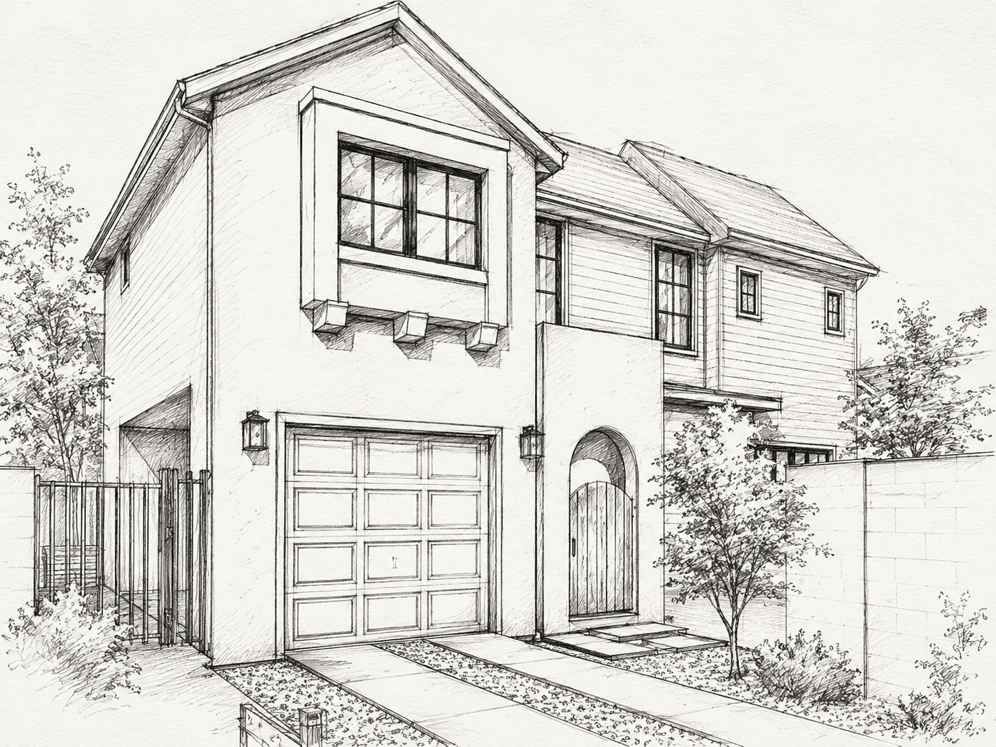A sketch of a modern two-story house with a garage, arched doorway, and trees in the front yard.