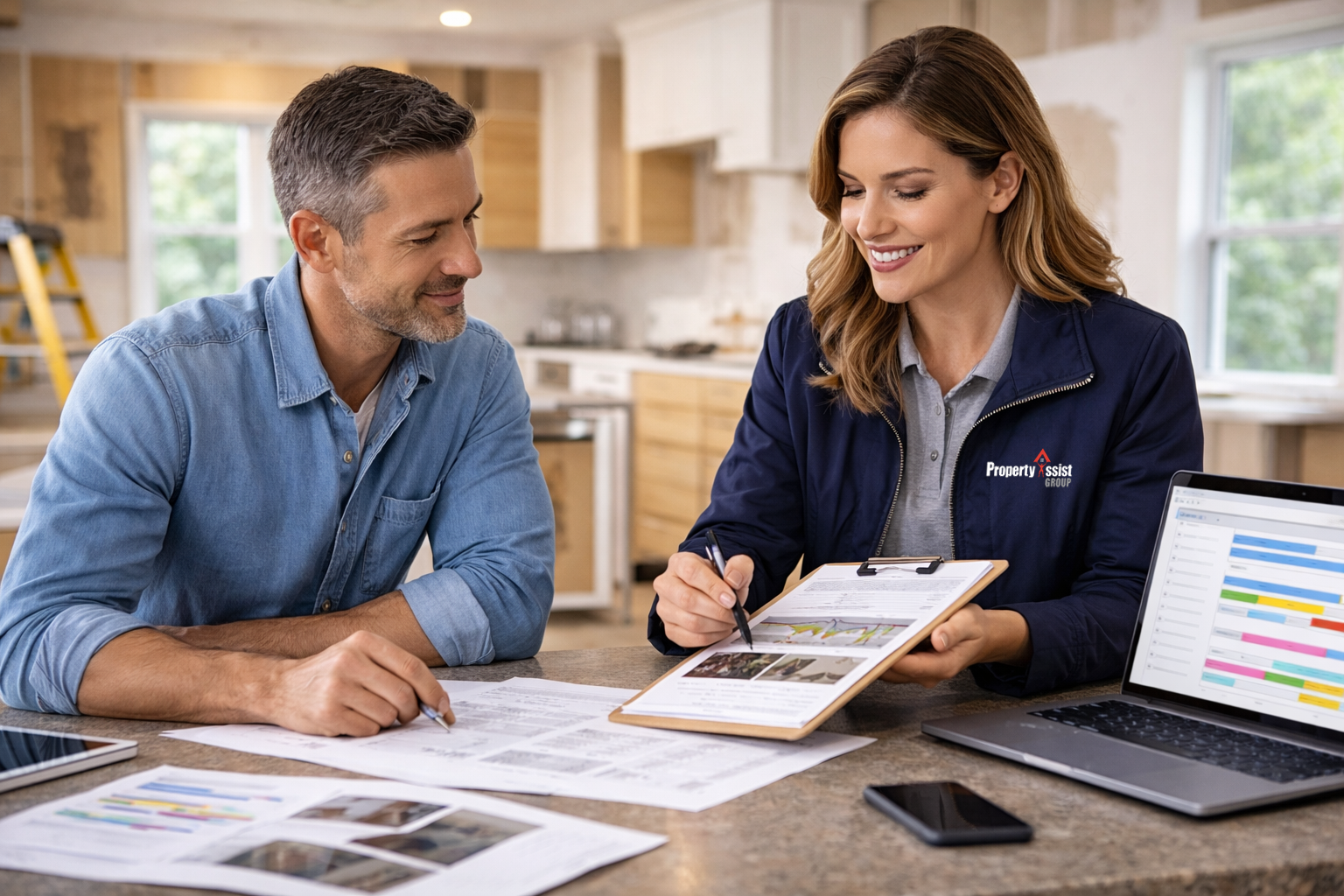 A woman and a man sitting at a table in a kitchen, discussing documents and looking at a clipboard. The woman is smiling, wearing a navy jacket with a Property Assist Group logo. The man is holding a pen, wearing a blue denim shirt. There are papers, a laptop, and a phone on the table.