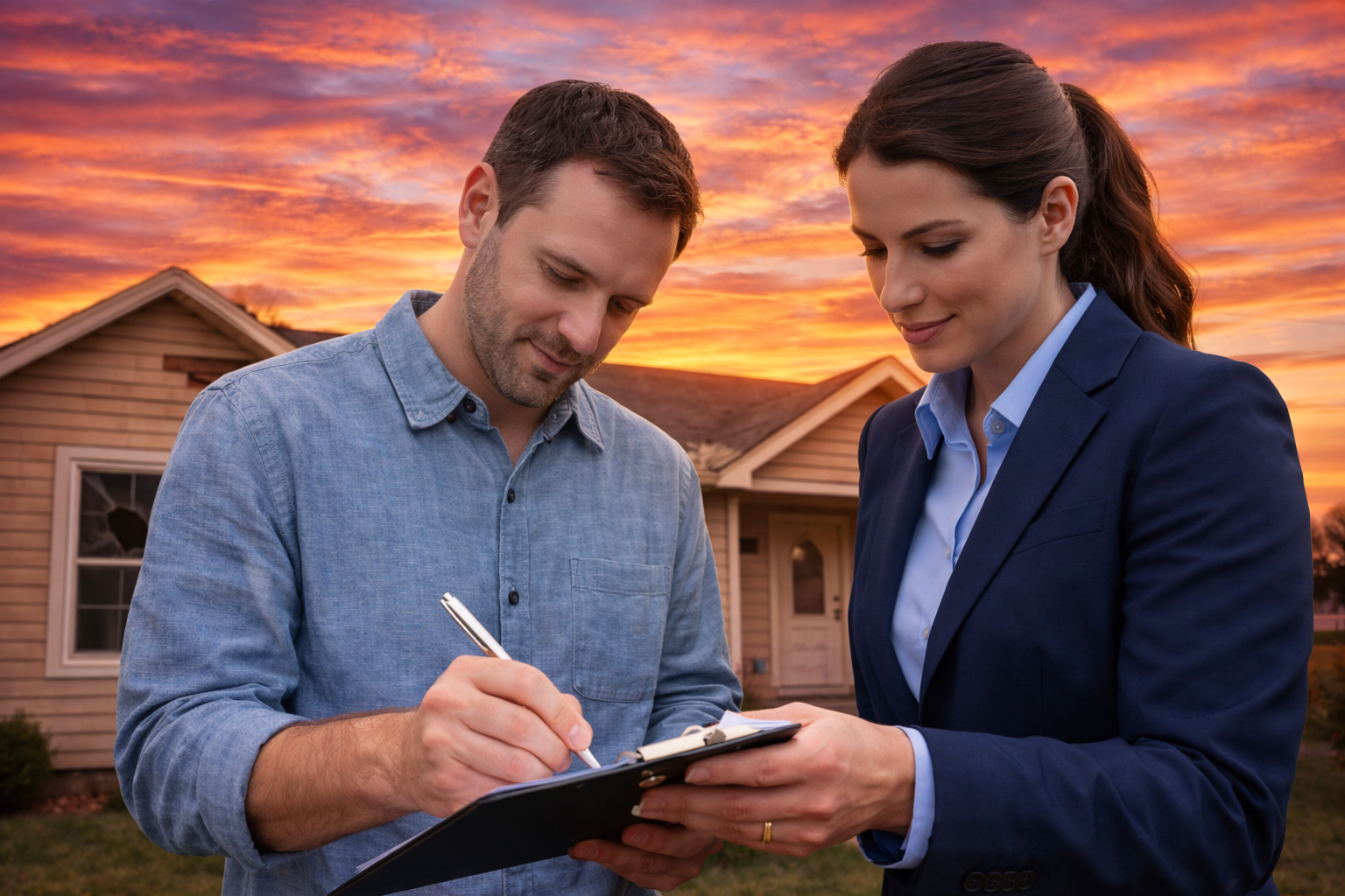 Worker in hard hat and safety vest installing solar panels on a roof at sunset.