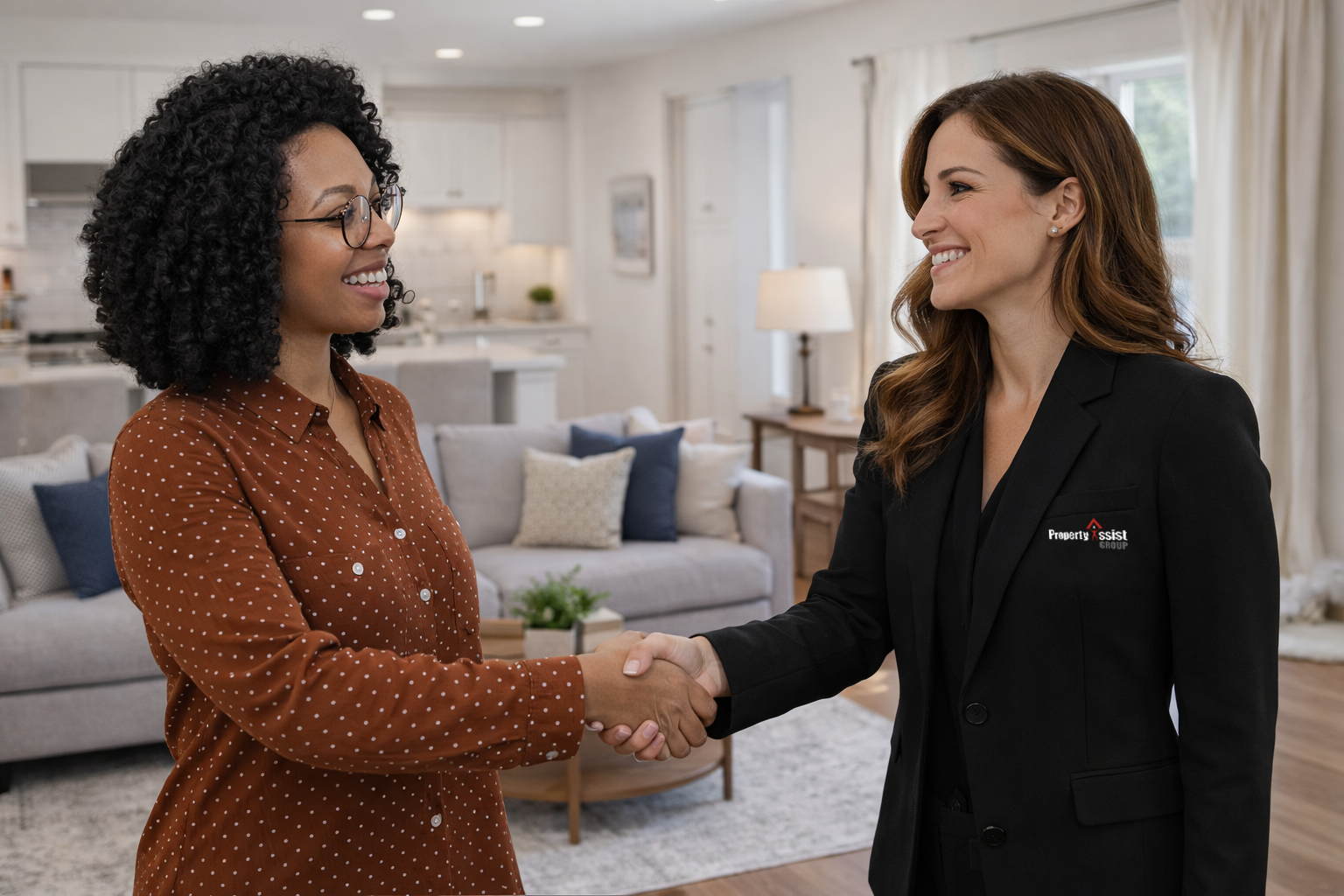 Two women smiling and shaking hands in a living room. The woman on the right is wearing a black blazer with a logo that reads 'Property Assist Group'. The woman on the left is wearing glasses and a brown polka dot blouse.