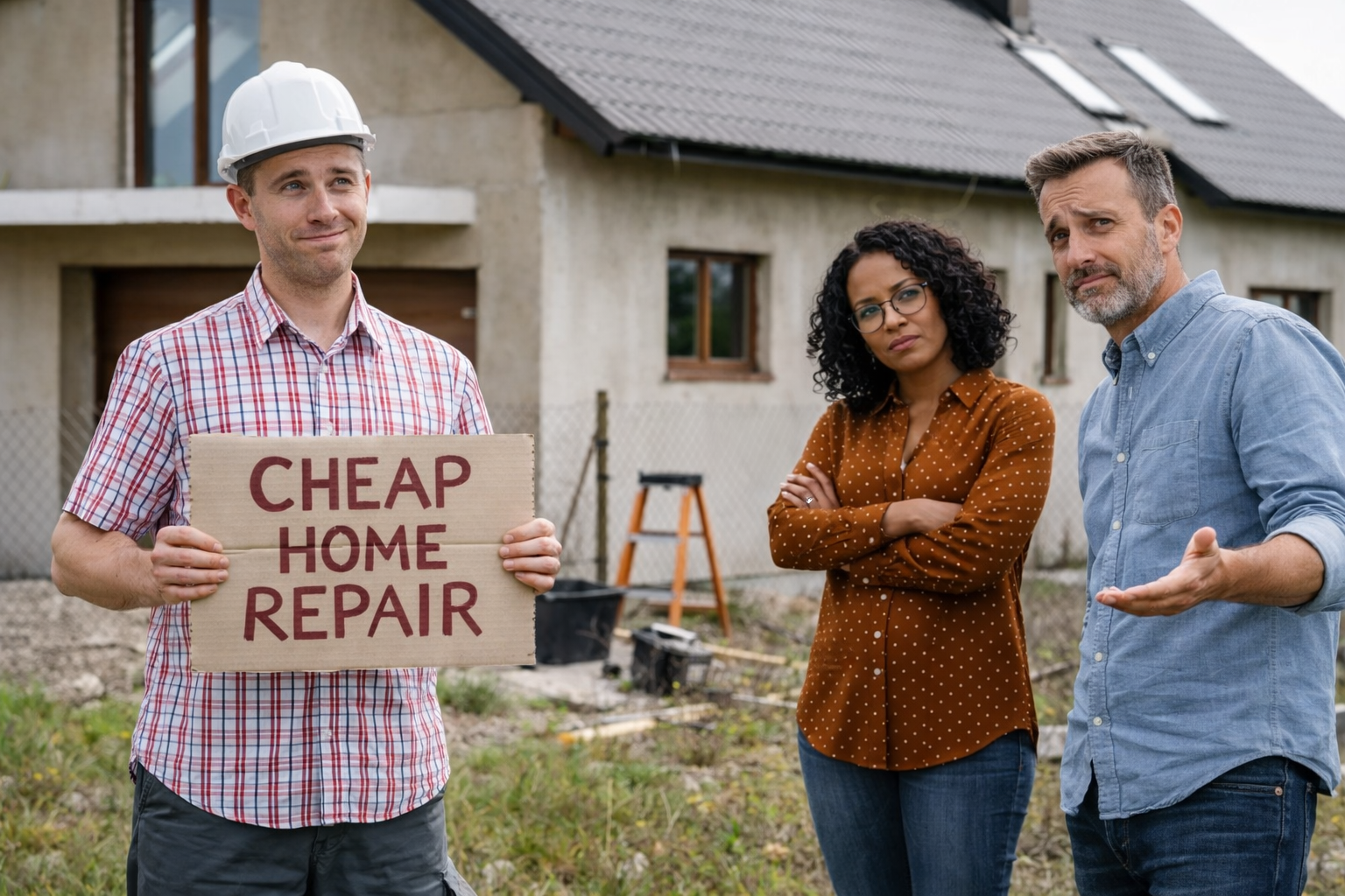 A man in a white hard hat holding a sign that says 'Cheap Home Repair' stands outside a house under construction. Two people, a woman with glasses and an angry expression and a man with a beard, are standing nearby, gesturing with their hands, with the house and construction equipment in the background.