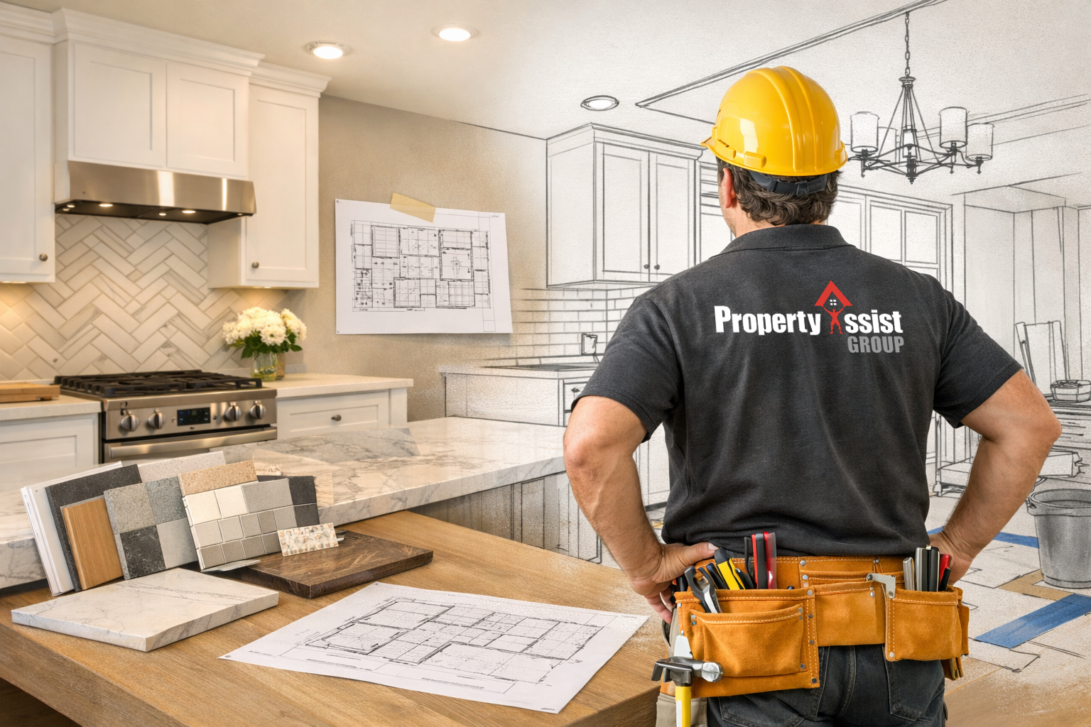 A construction worker with a yellow hard hat and tool belt stands in a house kitchen, reviewing blueprints on the counter, with a partially completed kitchen sketch on the wall.