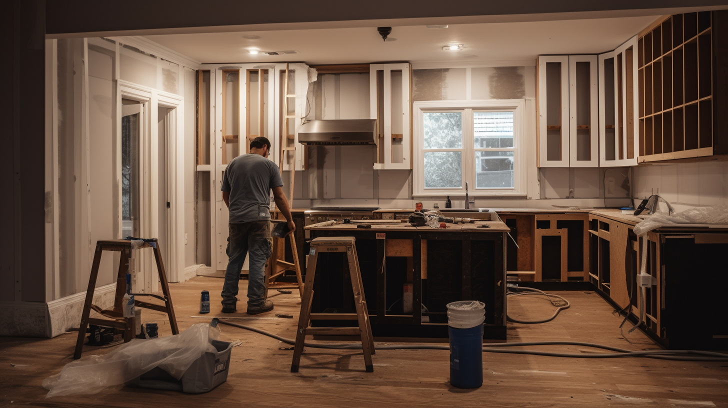 A person working on a kitchen renovation with unfinished cabinets, construction tools, and supplies scattered around.